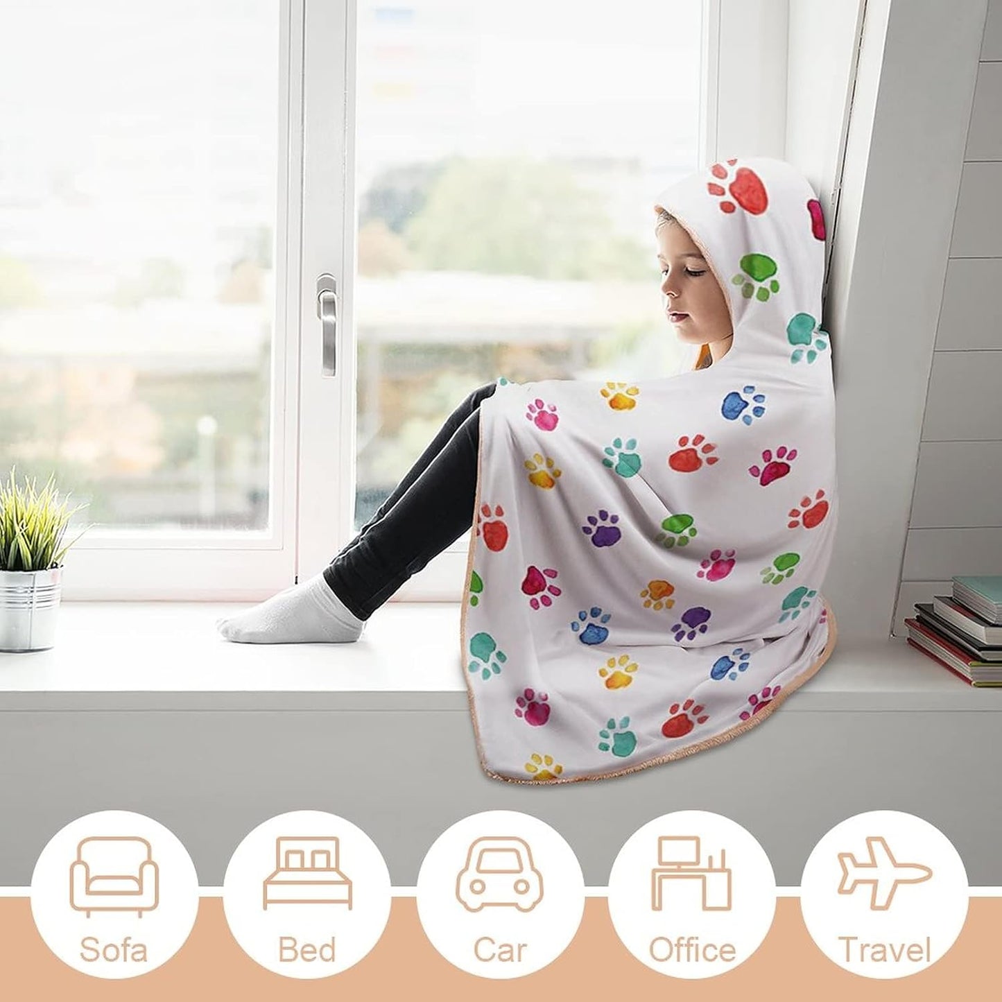Throw Blankets, Watercolor Wearable Hooded Blanket for Adults, Hand Drawn Colorful Animal Footprints Pattern, Soft Warm Cozy, 40 x 50inches, Studying Reading Snuggling Napping Office, Multicolor