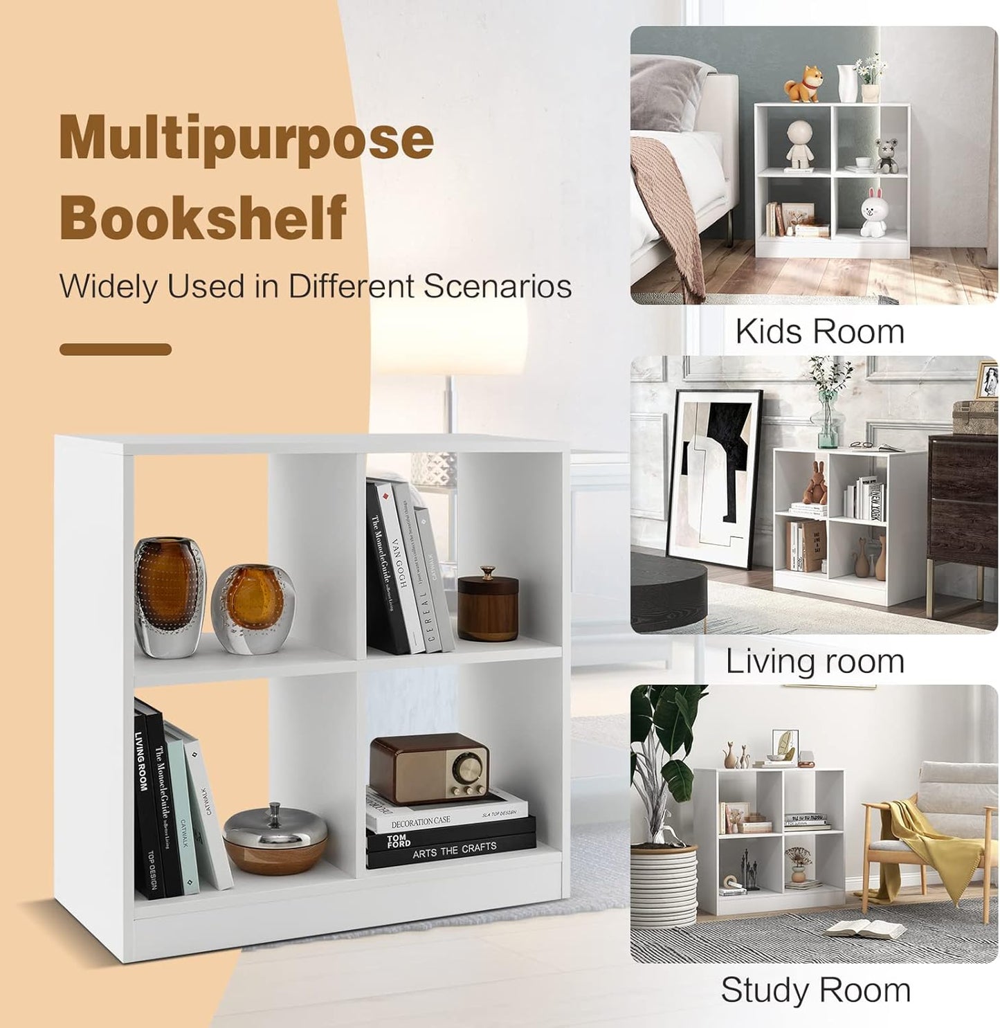 Nightcore 4-Cube Storage Bookcase, 2-Tier Freestanding Wooden Organizer with Anti-Tipping Device, Modern Display Storage Cabinet, Floor Open Bookshelf for Living Room, Bedroom, Study (White)