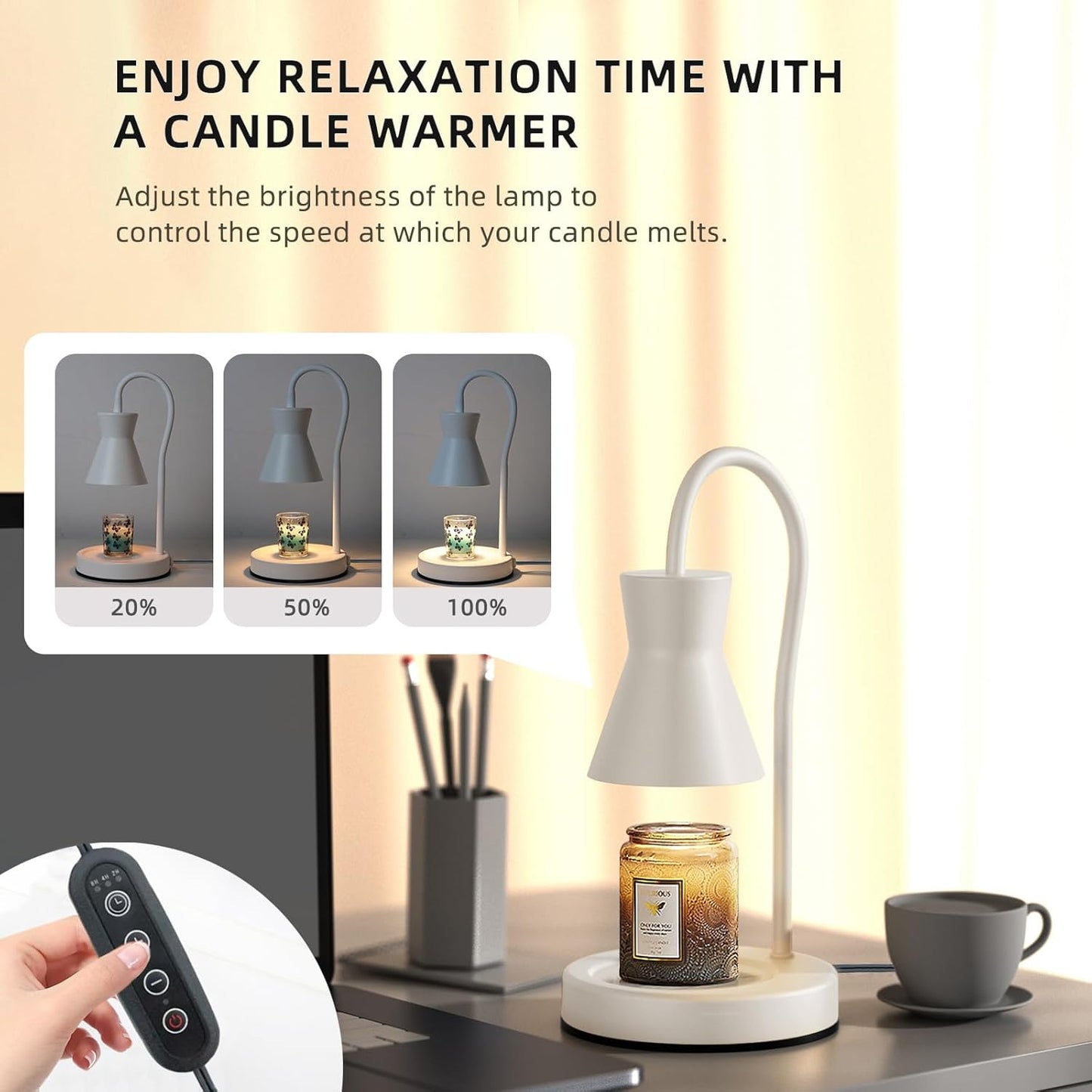Candle Warmer Lamp with Timer and Dimmer, Vintage Electric Candle Melter with 2 Bulbs, Melter Scented Candle Height Adjustable Compatible with Jar Candles, House Warming Gifts (White)