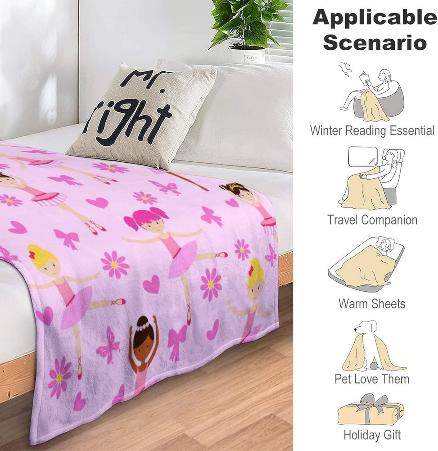 Cute Girl Ballerina Blanket Super Soft Warm Flannel Throw Blankets Dance Blankets for Sofa Couch Bed Decoration Girls Adult All Season Gifts 60"x50"