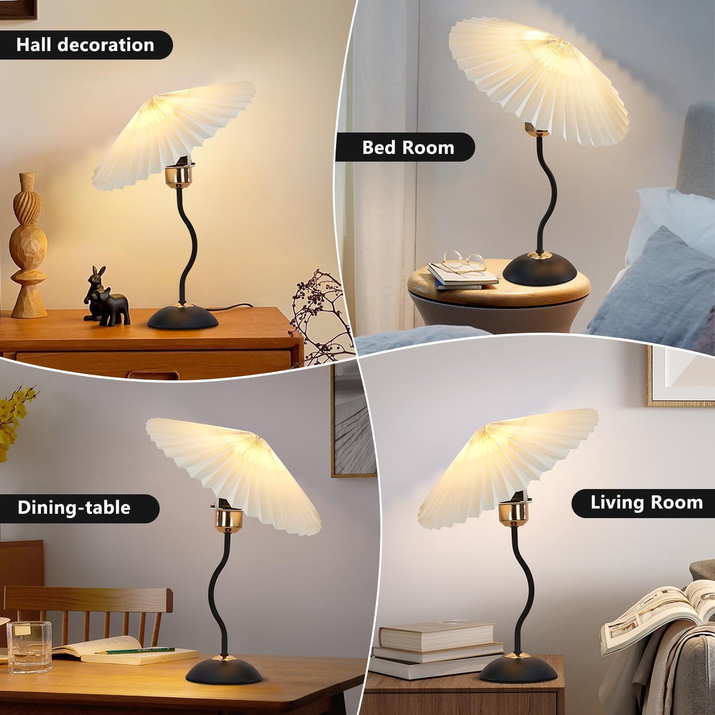 Arts Bedside Table Lamp for Bedroom, Cute Small Pleated Lamps for Nightstand, Vintage Lamp with Umbrella Shade, Decor Desk Reading Lamps for Living Room Kids Room Dorm Office with E26 LED Bulb
