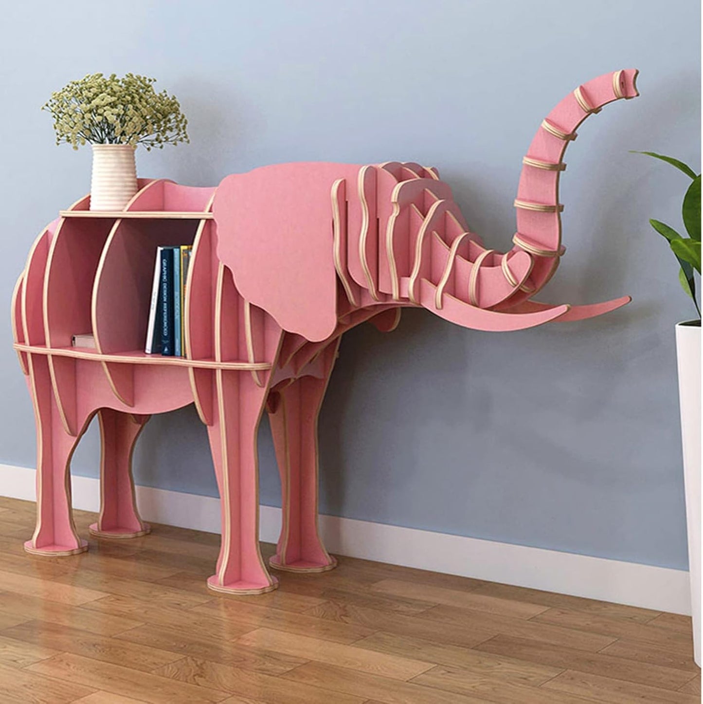 Wooden Bookshelf - Animal Shape Storage Bookcase, Pink Children Elephant Shape Vertical Display Stand, Shop Restaurant Floor Shelf Reading Storage Decoration Theme Side Table ()