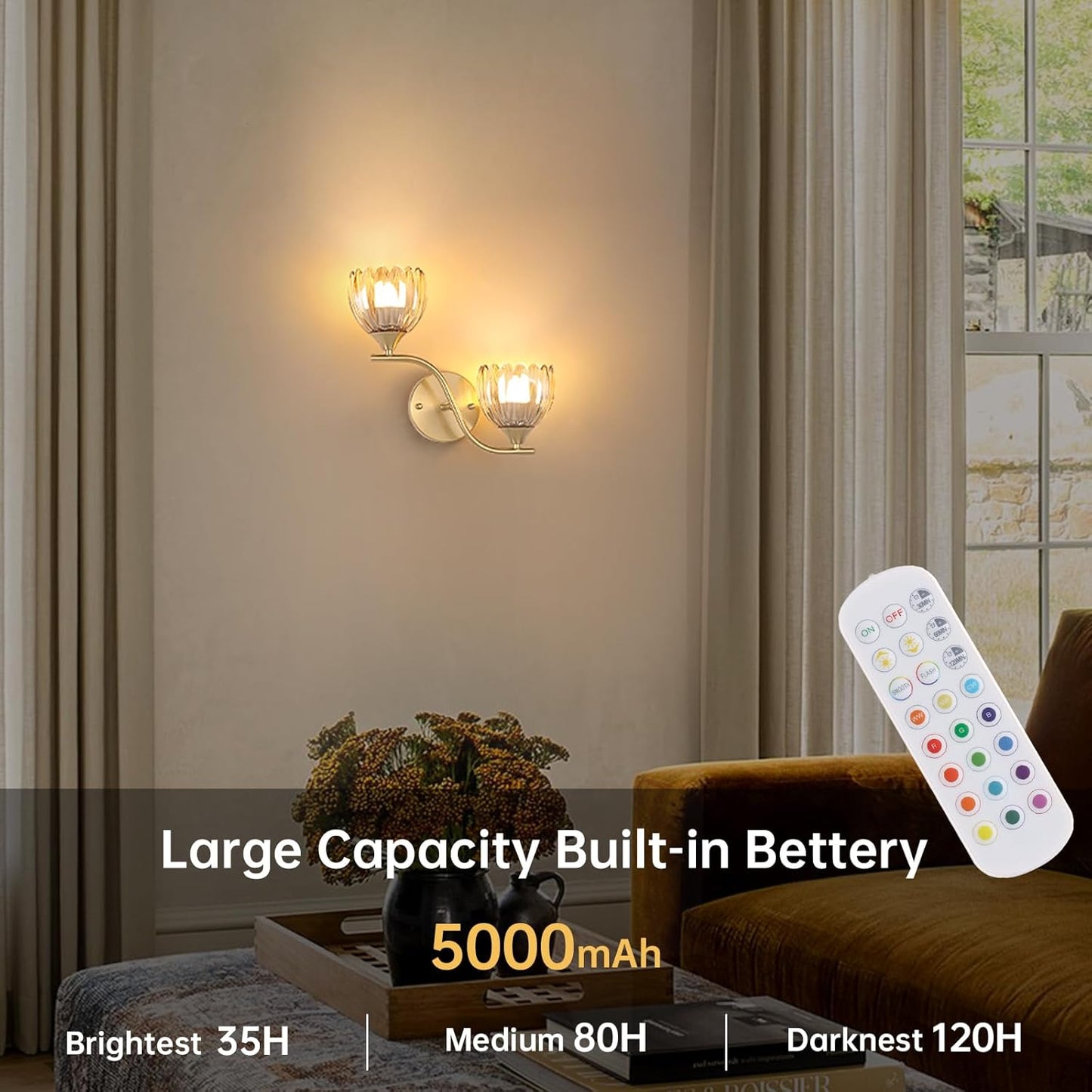 Battery Operated Wall Sconce, 2-Lights Vinatge Brass Wall Lighting with Amber Tluip Shade Rechargeable Bulb with Remote for Living Room, Bedroom