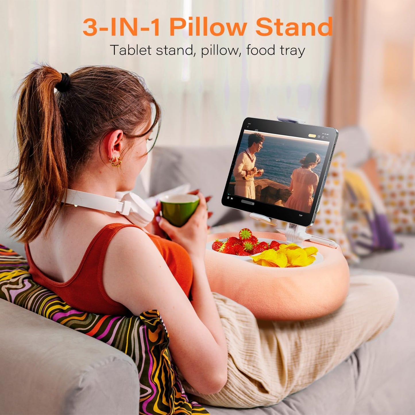Kindle Tablet Pillow Stand with Detachable Trays Fit iPad Tablet Stand Holder for Bed Fit 4''-13'' Phone/Kindle with Case Reading Accessories Gift Soft Plus Fabric, Pink