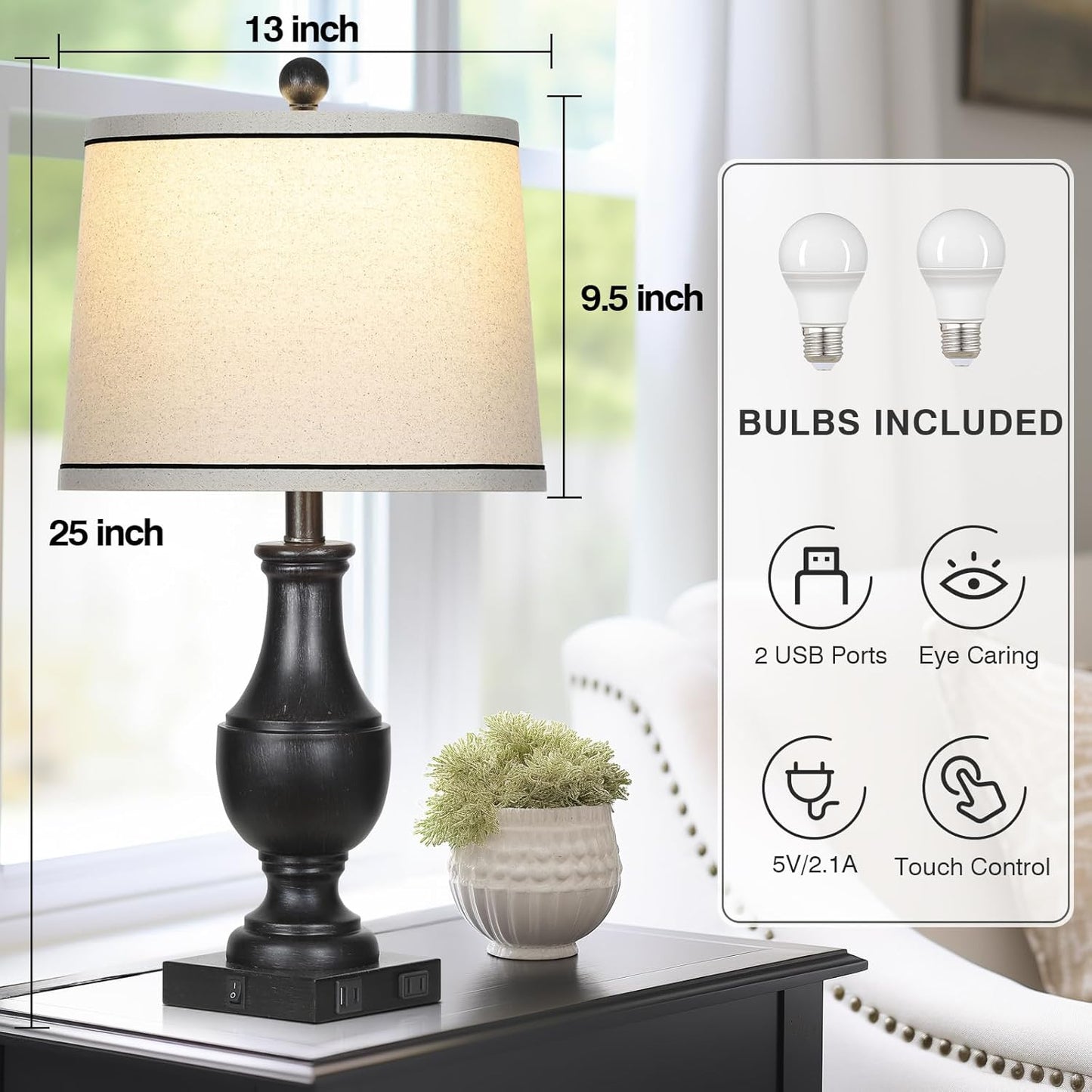 Table Lamps for Living Room Set of 2, Farmhouse Vintage Table Lamp with USB A+C Charging Ports & AC Outlet, 25" Black Rustic Traditional Lamps for Bedroom Nightstand Desk(2 LED Bulbs Included)