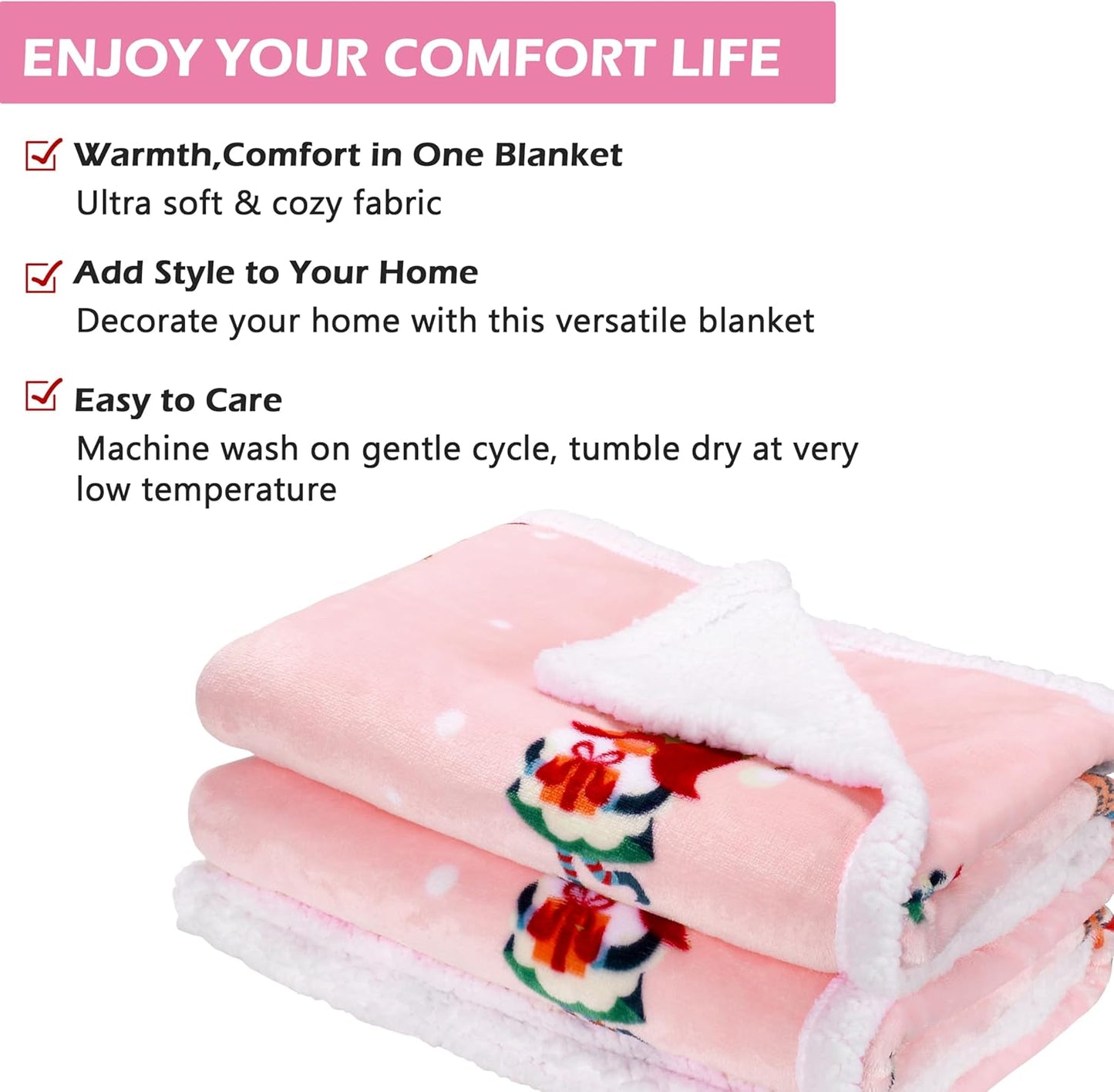 Solaris Santa Claus Sherpa Christmas Blanket, Soft Warm Cozy Reversible Fuzzy Fleece Patterns Holiday Throw Blanket for Couch Sofa Bed, Home Decor, Light Pink