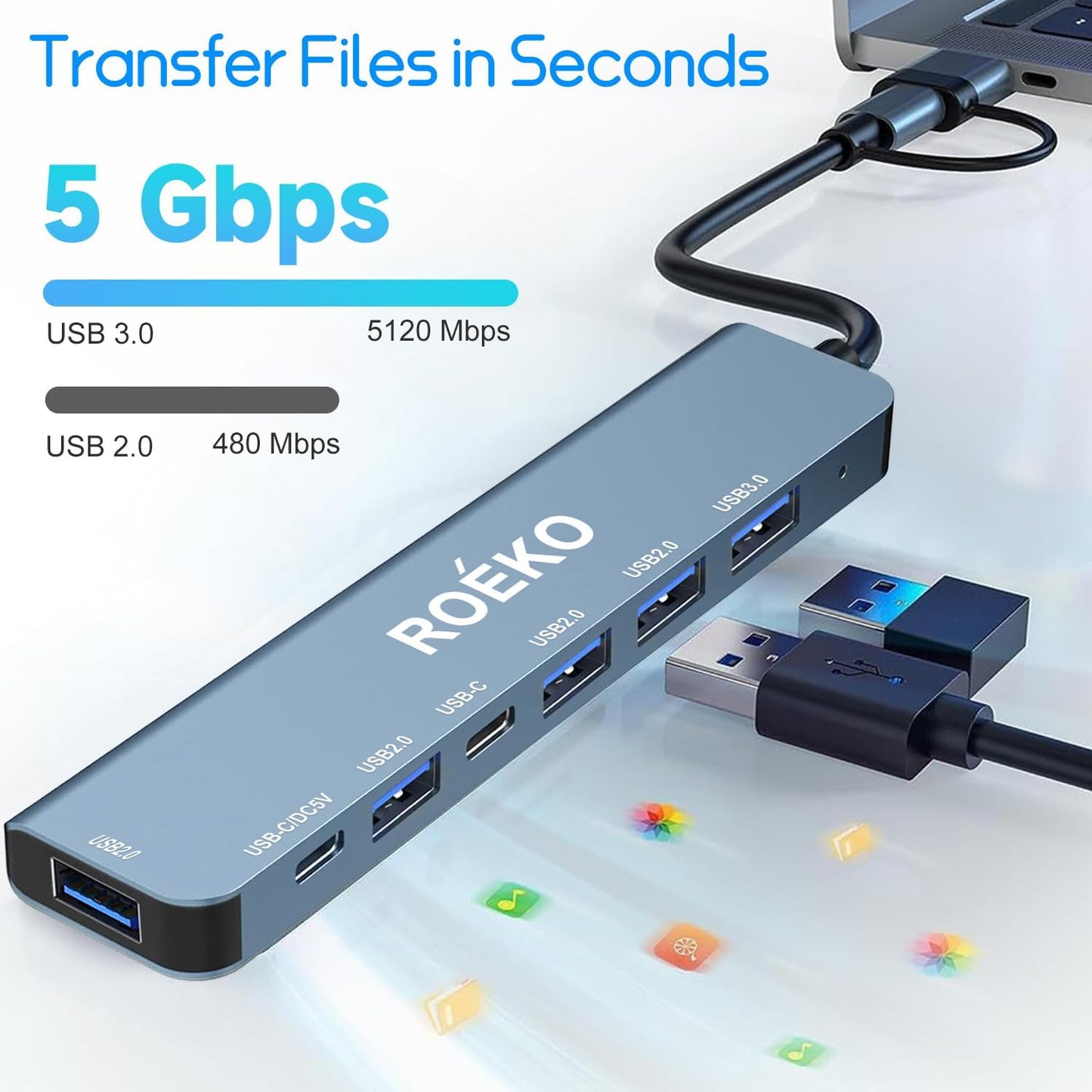 USB Hub 3.0,USB c hub,USB hub with Multiport Adapter, USB Splitter with 1xUSB 3.0,4xUSB2.0,2 x USB C,Hub for MacBook Pro/PC/Laptop/Tablet Devices (Grey 7in1)