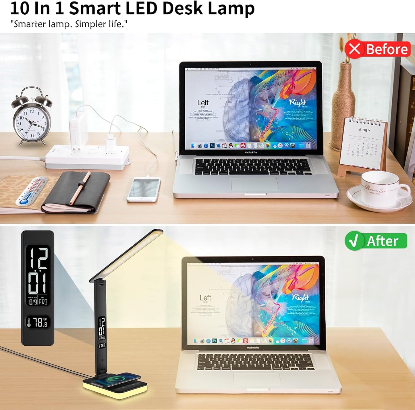LED Desk Lamp for Home Office, USB Charging Port, Reading Lamp Desk Light with 5 Brightness, 3 Colors, Table Lamp with Clock, Alarm, Date, Temperature, Desk Lamp for College Dorm Room (Black)