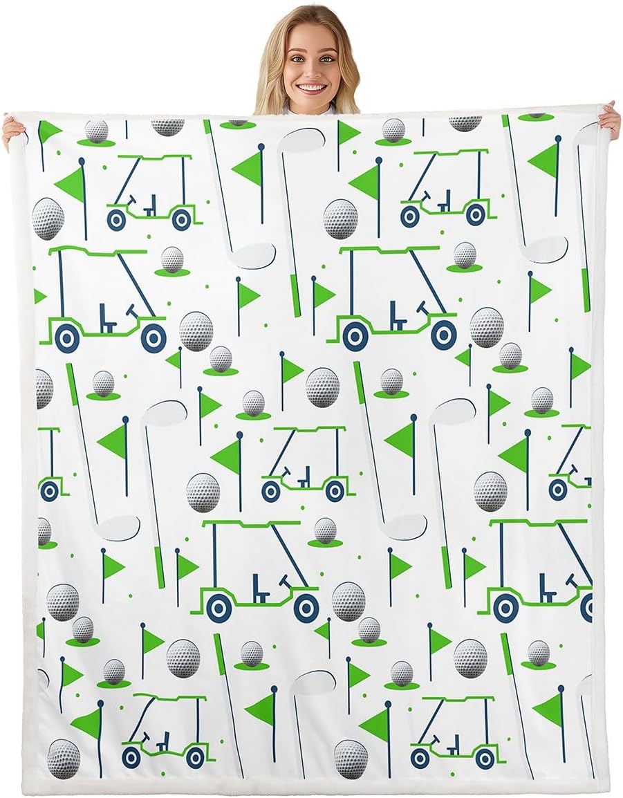 Feelyou Kids Golf Sherpa Throw Blanket Throw 50"x60" Golf Ball Golf Club Fleece Throw Blanket for Boys Girls Teens Golf Lover Sports Hobby Plush Blanket Fuzzy Blanket Green White Plush Blanket