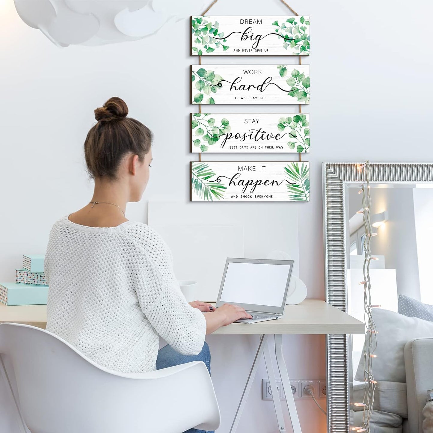 Glenmal 4 Pieces Wooden Inspirational Wall Art Motivational Office Wall Decor Positive Wood Wall Signs With Sayings Greenery Quotes Rustic Hanging Plaque for Home Living Room Bedroom