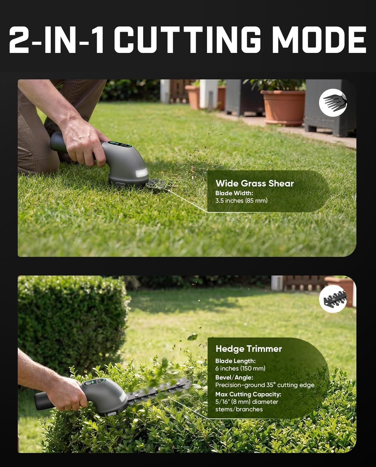 Fanttik Z10 Pro Cordless Hedge Trimmer, 6” Shurbbery Trimmer & 3.5” Grass Shear, Dual-Mode with Battery Display, Type-C Fast Charge, Two Blades for Yard, Garden, Lawn Care