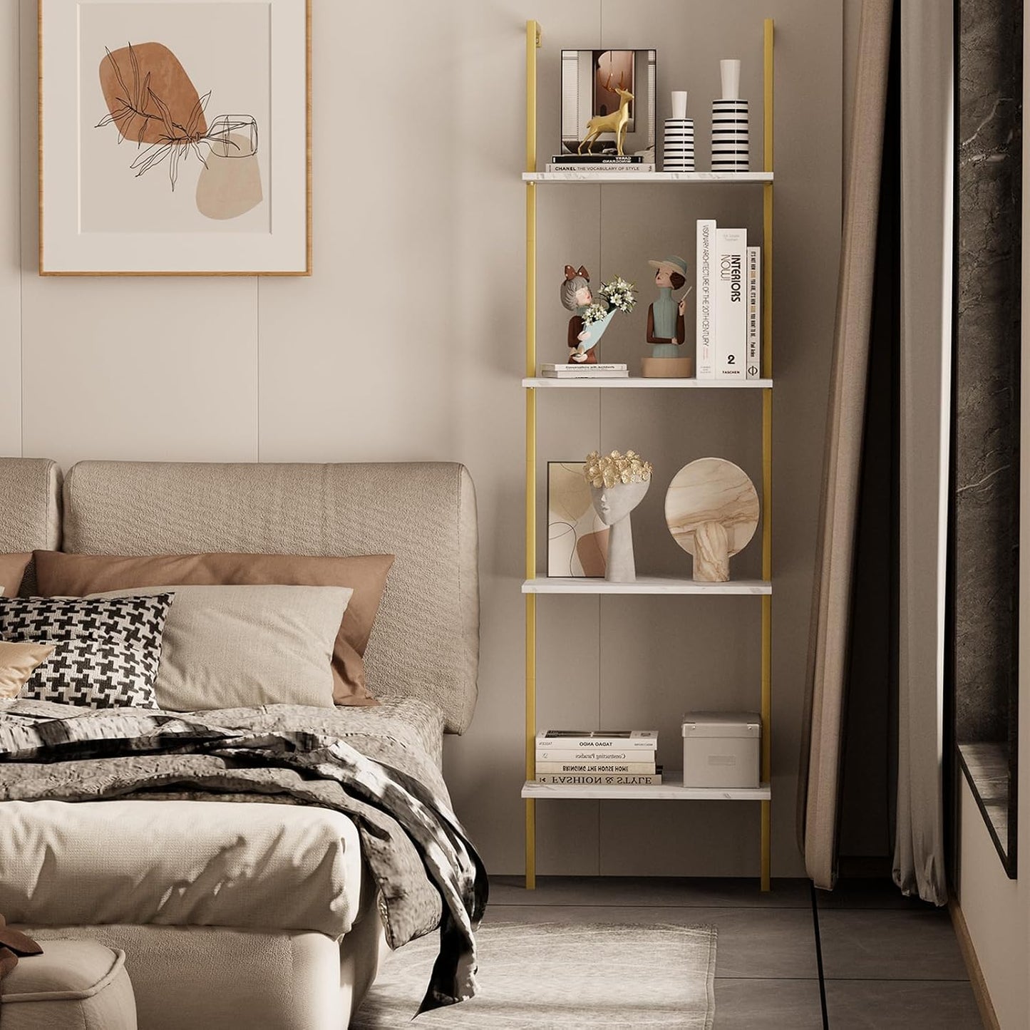 Ladder Shelf 4 Tiers Metal Industrial Bookshelf,White Marble Wood Tall Open Storage Rack and Display Shelves,Wall Mount Wide Book Case for Home Office Bedroom,Small