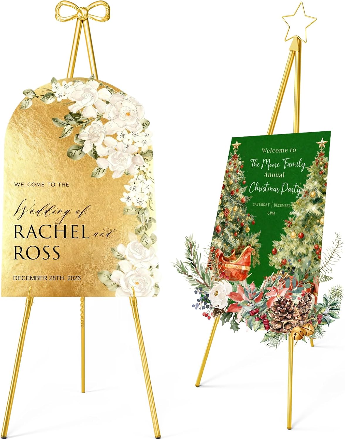 Interchangeable Bow & Star Top Gold Easel Stand for Sign, 62"–47" Height Adjustable Heavy Duty Wedding Easel Stand with 3 Display Modes — Perfect for Welcome Signs, Christmas Decor, Parties & Events
