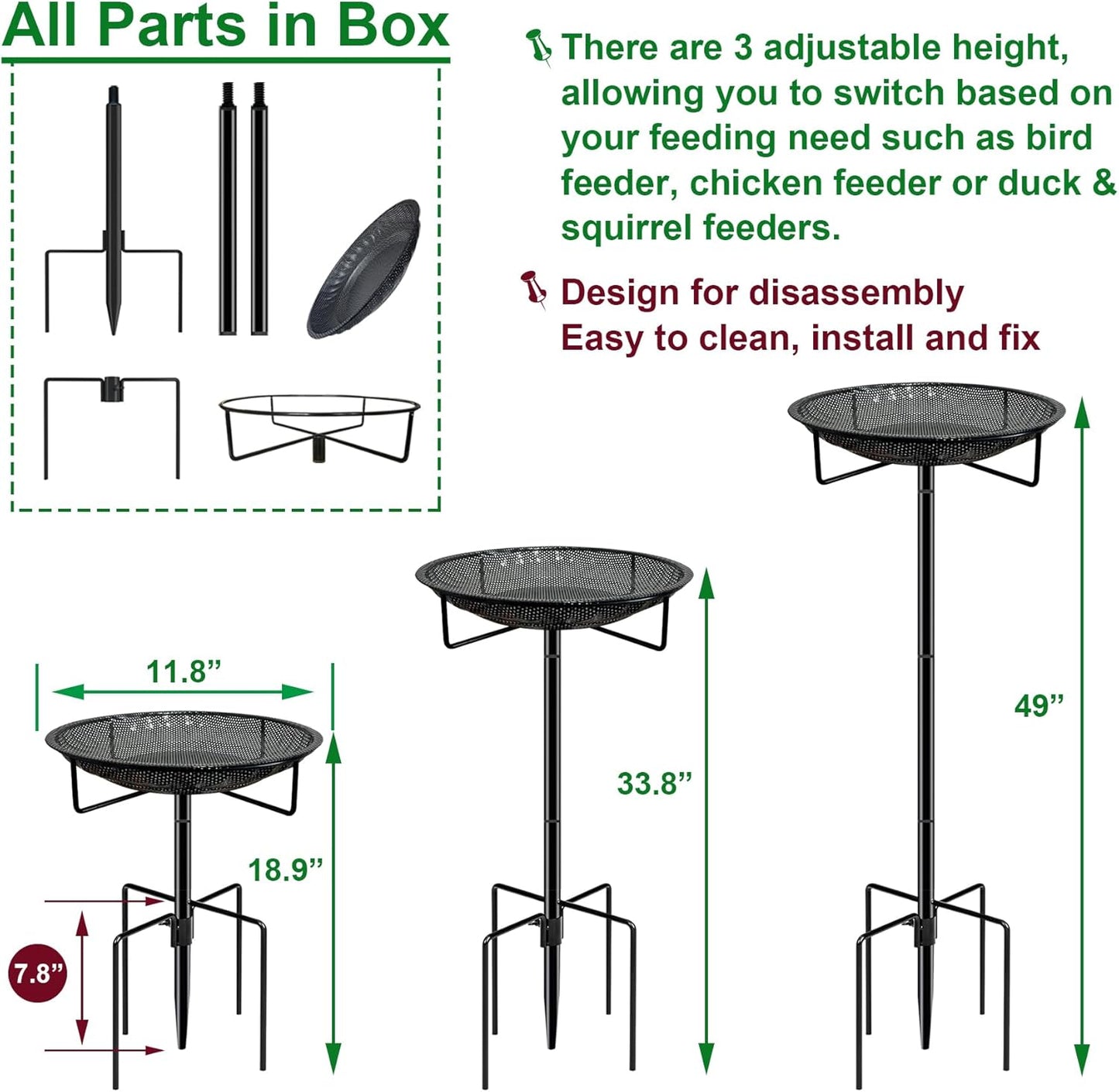 Standing Bird Feeder Tray,11.8" Stainless Steel Large Platform Bird Feeder Mesh Seed Tray with Adjustable Heavy Duty Stand Birds Feeder Pole for Outside Wild Birds in Garden Backyard