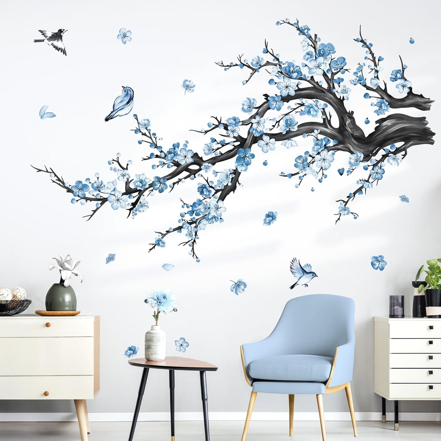 decalmile Blue Flower Branch Wall Decals Watercolor Blossom Floral Tree Branches Wall Stickers Living Room Bedroom Sofa TV Background Wall Decor