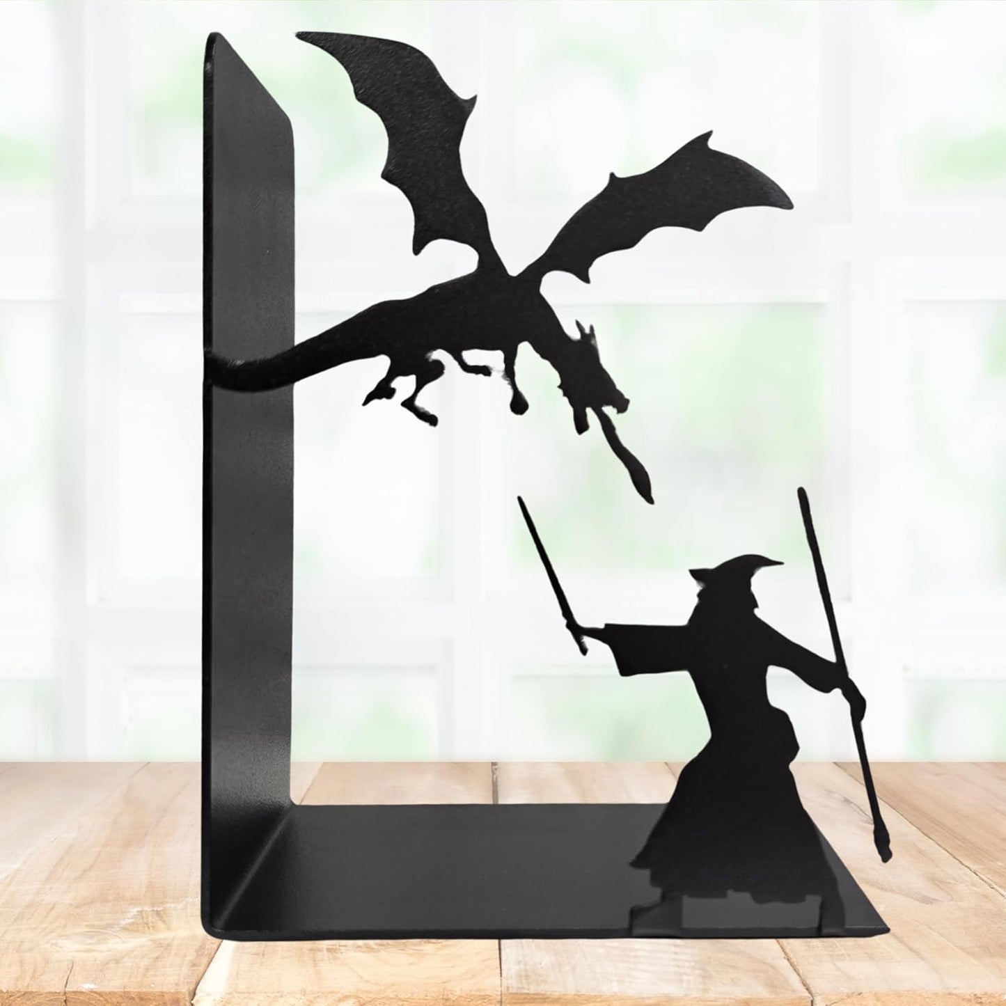 Decorative bookends for Shelves, 7 Inch Tall Heavy Metal Bookends, Unique Bookends, Non Skid Book Ends, Book Stopper for Home/Office Decor/Shelves, Wizard and Dragon Design, Black, 3lb