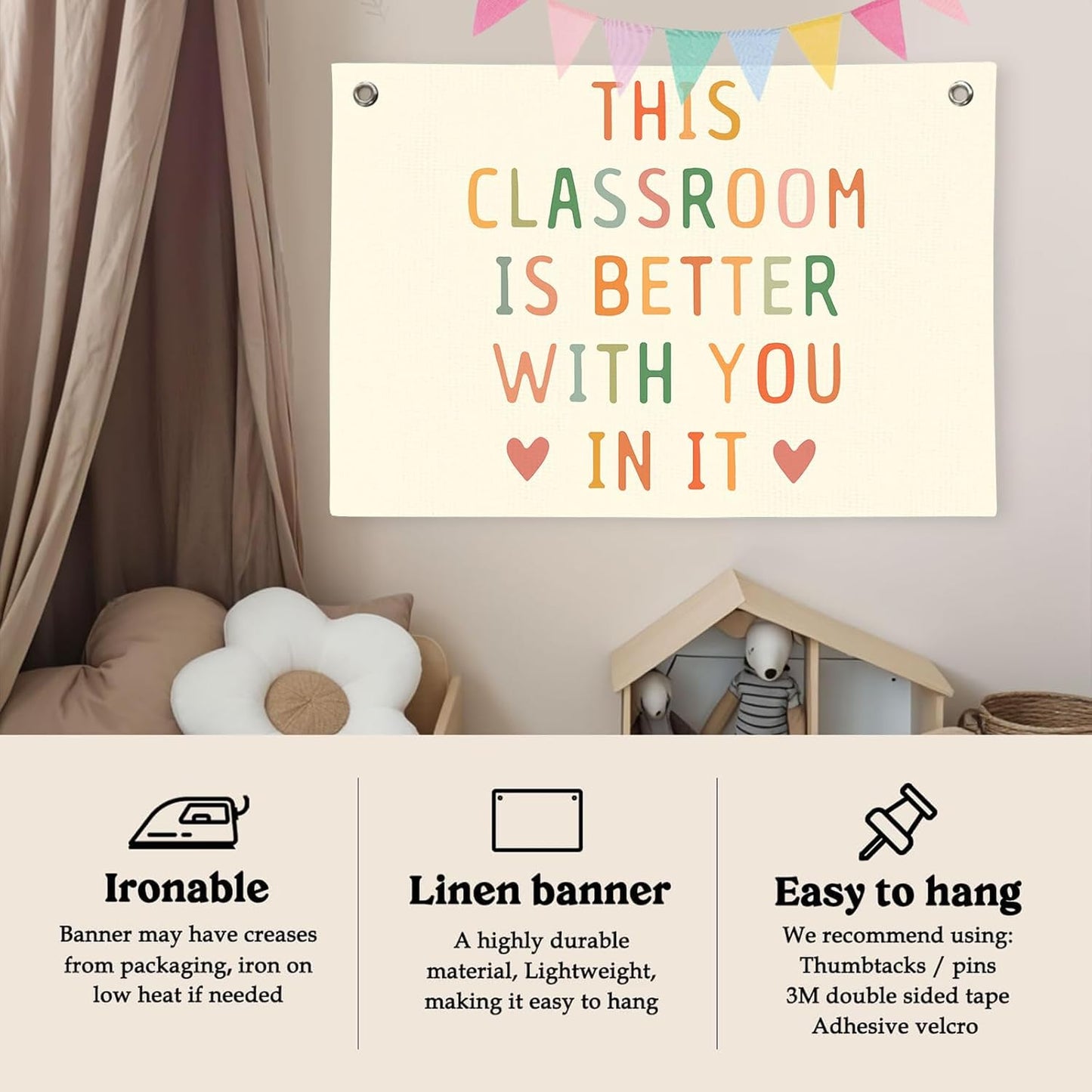 Boho Classroom Decor for Teacher, Welcome Sign Wall Banner, Cute Neutral Classroom Must Haves Wall Hanging Art, Positive Motivational Posters for Teachers, Nursery Playroom Preschool 30x20In