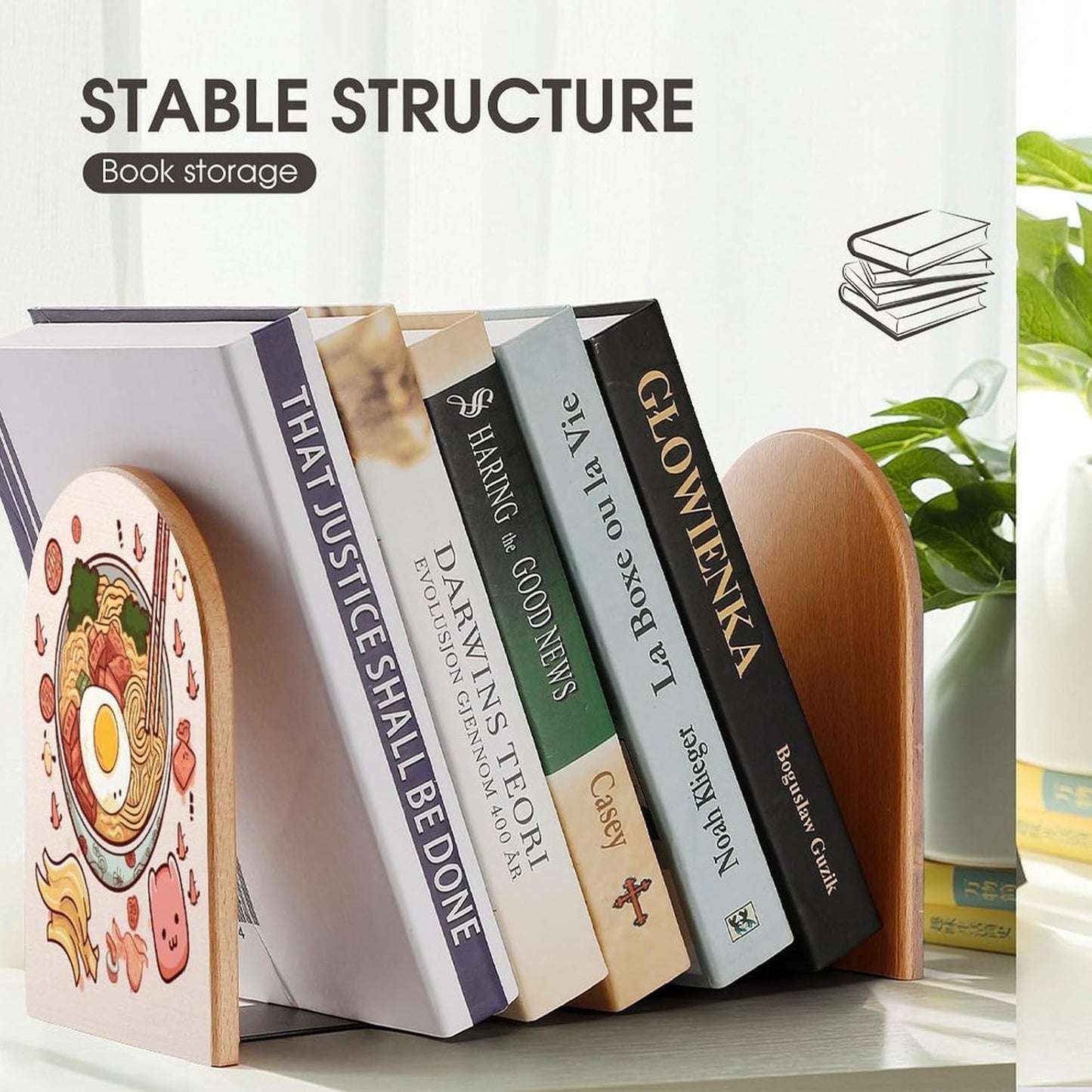 Delicious Sweet Ramen Bookend for Shelves Wooden Book End Large Size Sturdy Book Holders Stoppers with Metal Base for Bookshelves Slick Decorative Bookends Stands