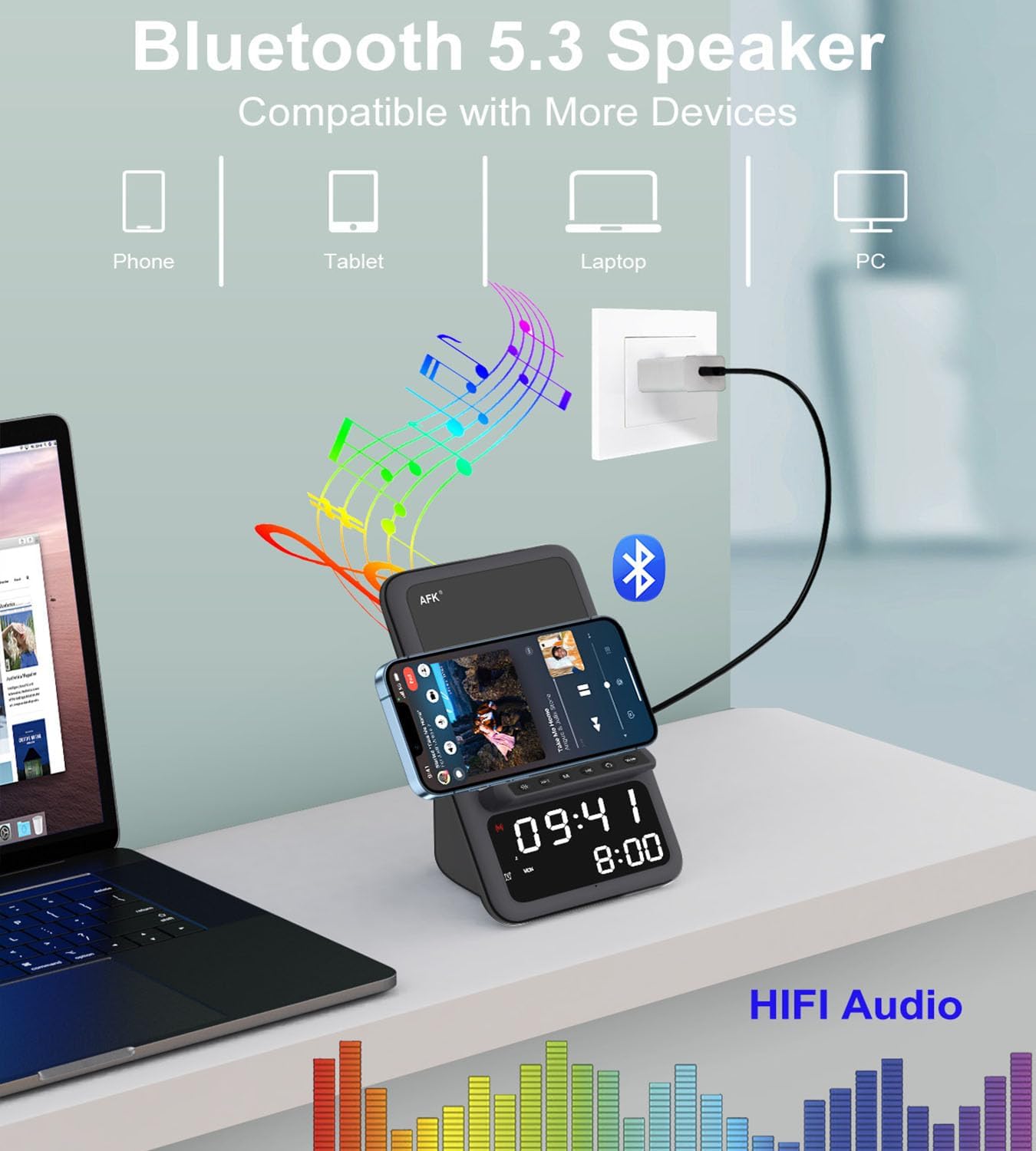 AFK Wireless Charging Station with Bluetooth Speaker and Alarm Clock,Wireless Charger Compatible with iPhone,Android Phones(Black)