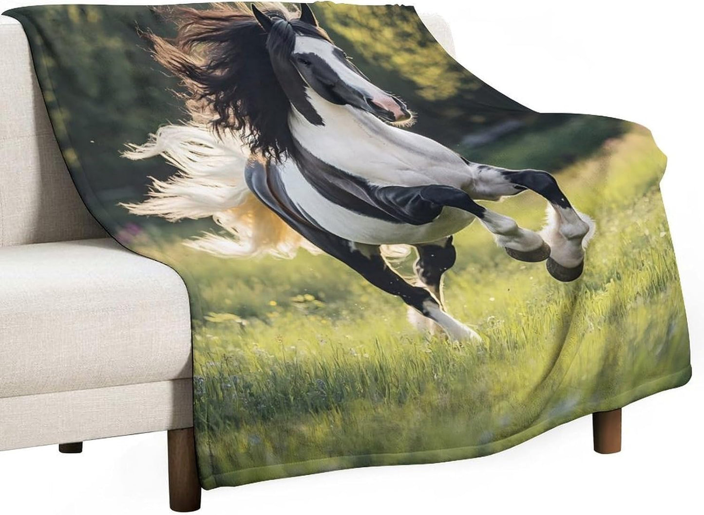Black and White Horses Throw Blanket for Couch Bed Plush Cozy Fuzzy Flannel Blanket for All Season 70"x80"