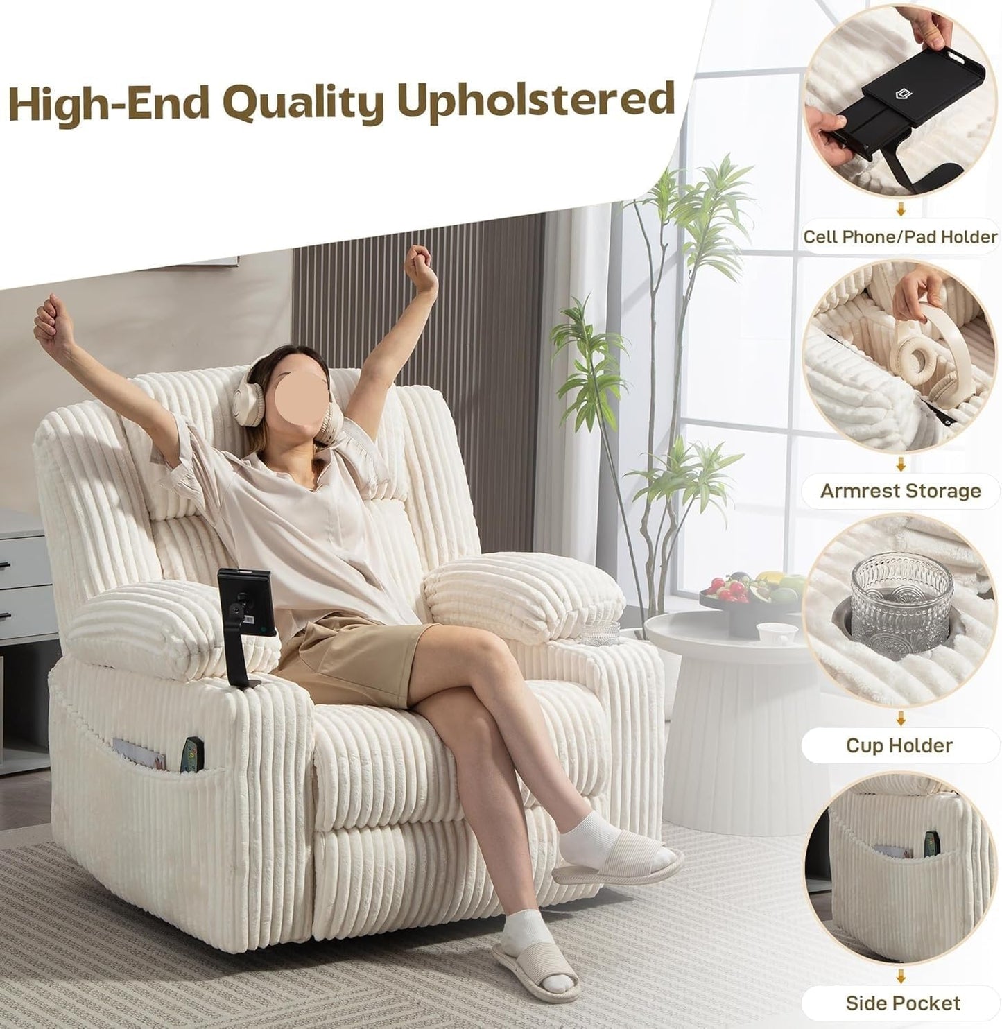 Power Oversized Swivel Rocker Recliner Chair with Dual Motor Adjustable Headrest Glider Rocking Chairs with Vibration and Heat for Home Furniture