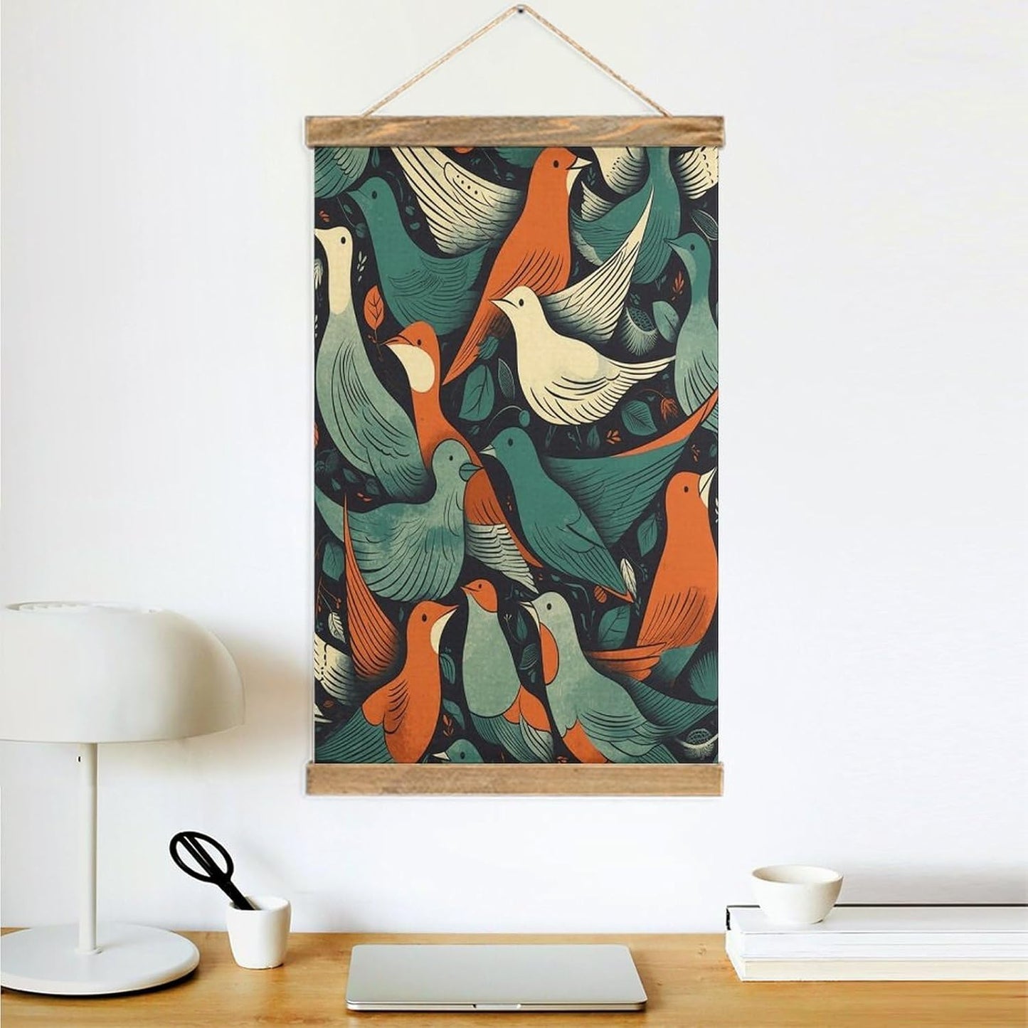 Vintage Flock of Birds Poster with Wooden Frame Personalized Linen Hanging Scroll Painting Rustic Wall Hanging Illustrative Modern Artwork Decor for Home Living Room Bedroom Office