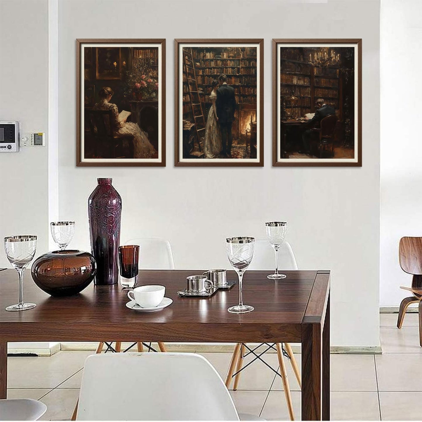 3Pcs Dark Academia Canvas Wall Art Vintage Victorian Couple Read Wall Decor Pictures Moody's Dark Library Posters Prints Gothic Lovers Paintings for Study Gallery Living Room Home Decoration Unframed