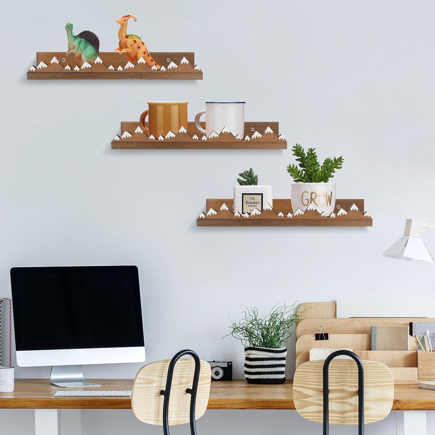 Wenqik 3 Pcs Snow Mountain Floating Shelves Wood Nursery Book Shelves Wall Mounted Rustic Floating Ledge for Kids Room(Dark Brown)