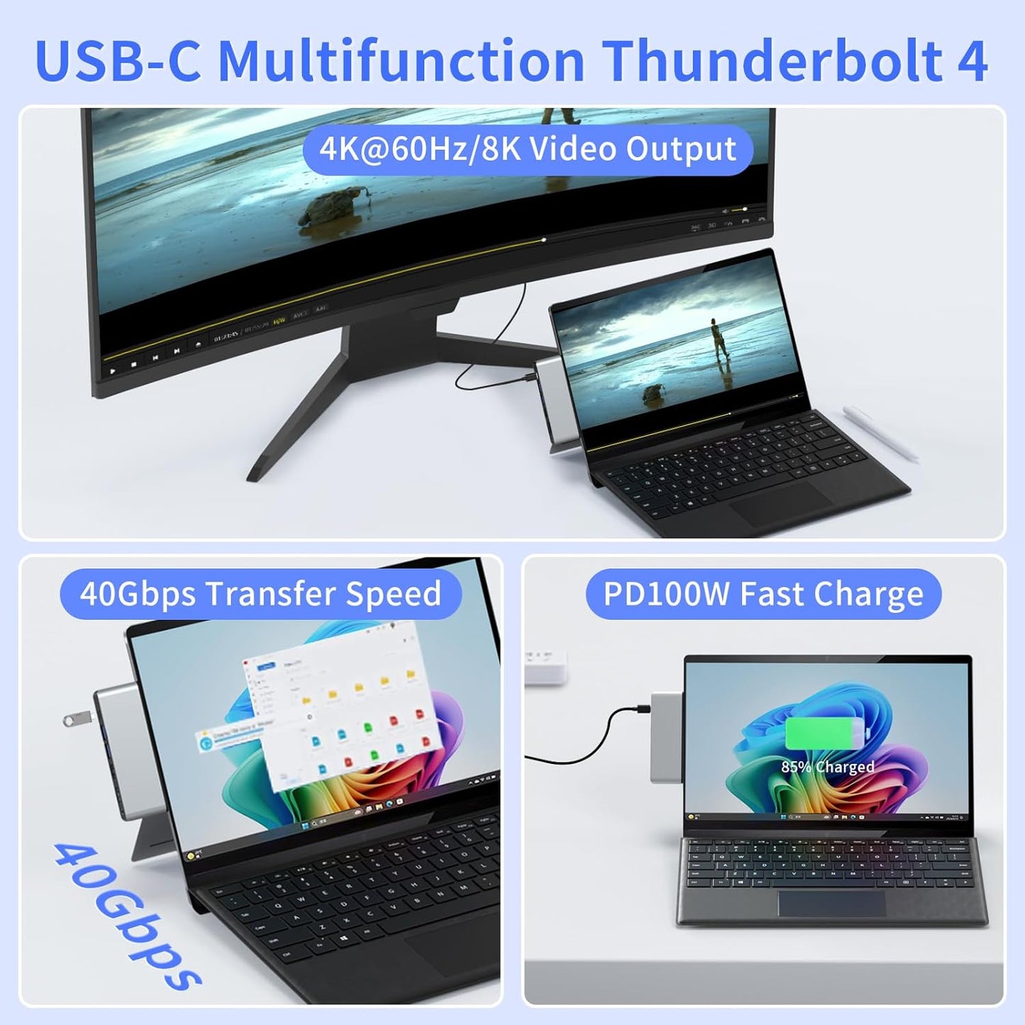 Surface Pro 11 Accessories Docking Station with Dual 4K@60Hz HDMI, USB-C Thunerbolt 4 (Display+Data+100W Charging), 2 USB 3.0, SD/TF, 3.5mm Mic, USB C Hub Adapter for Surface Pro 11/10/9/X