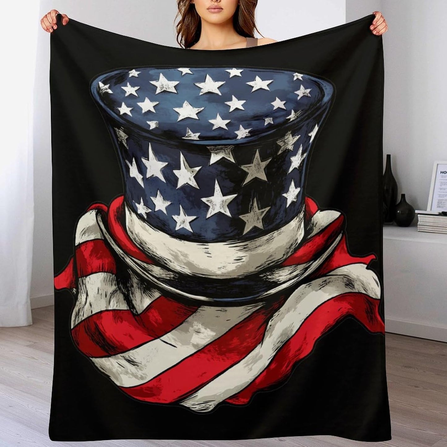 U.S.A. Flag Scarf Top Hat Throw Blanket Fleece Blankets Soft Flannel for Couch Bed Pet Decorative Warm