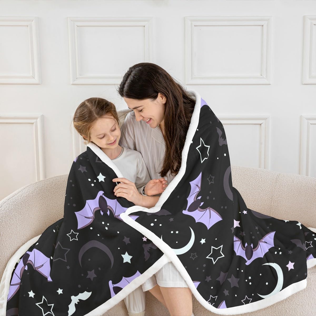 Purple Moon Galaxy Fleece Blanket - 50"x60", Cartoon Bat & Gothic Halloween Throw with Glitter Stars