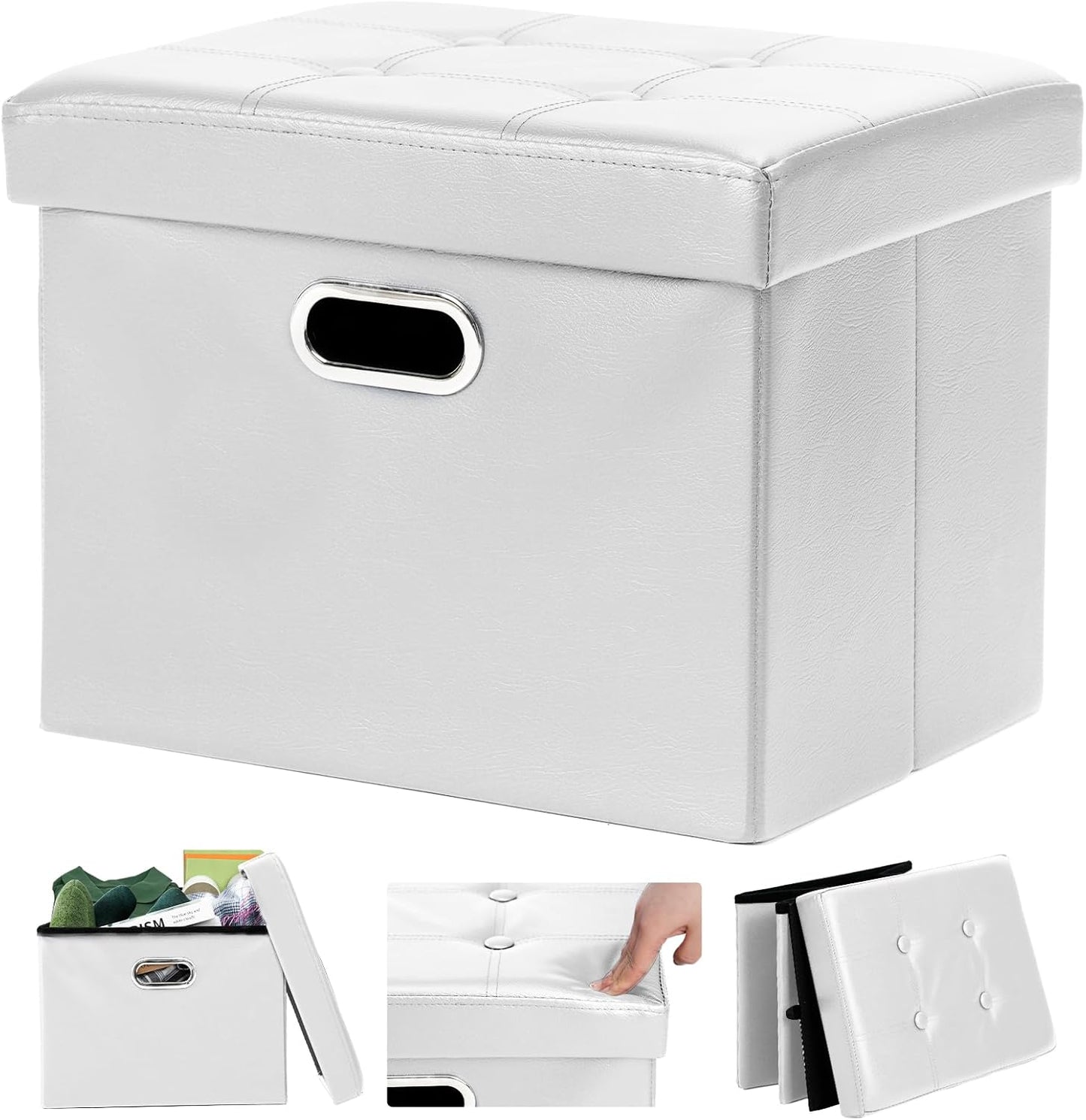 COSYLAND Storage Ottoman 17x13x13in Leather Rectangle Foot Rest Folding Bench Seat Organizer Entryway Furniture with Handles Lid White