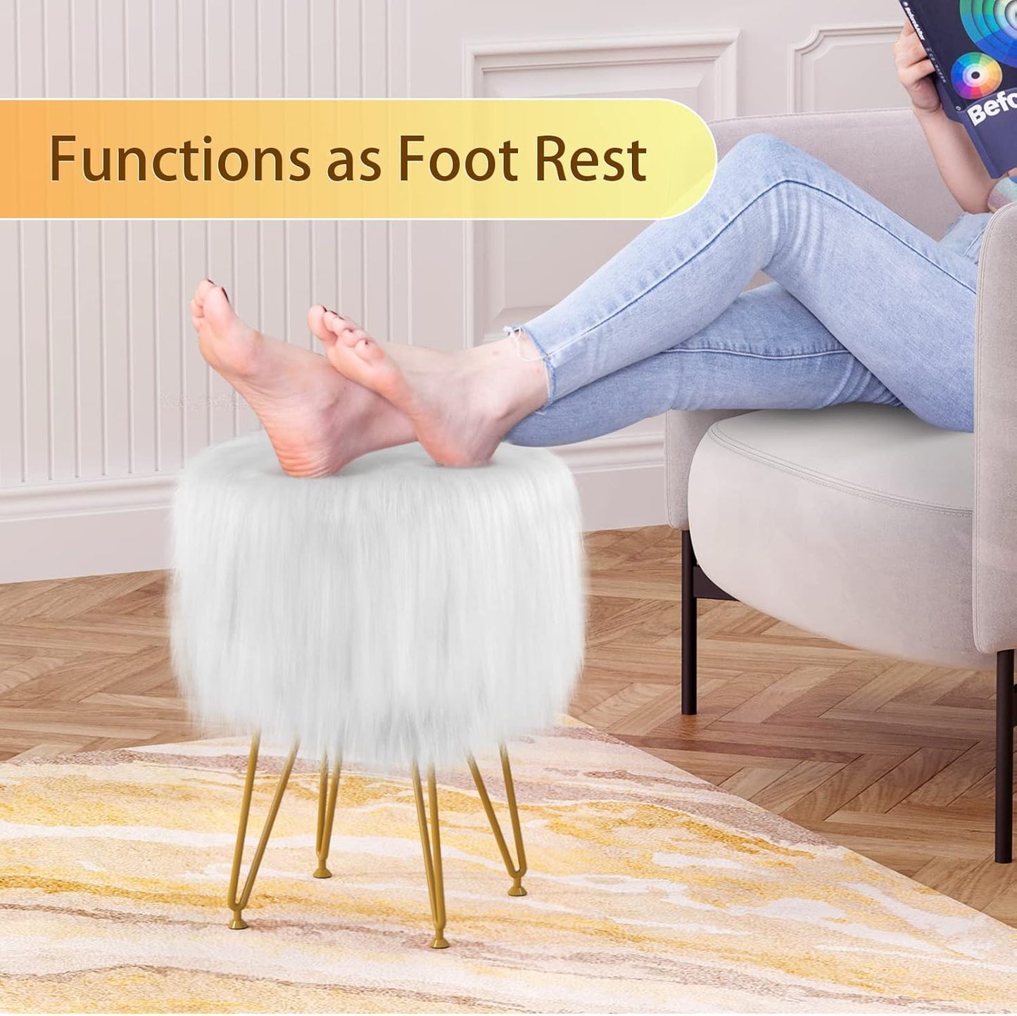 Vanity Stool Chair with Storage, Faux Fur Makeup Room Seat Stool, Soft Padded Seat, Round Footrest Footstools with 4 Metal Legs & Adjustable Footings, Vanity, Bathroom, Bedroom Chairs White