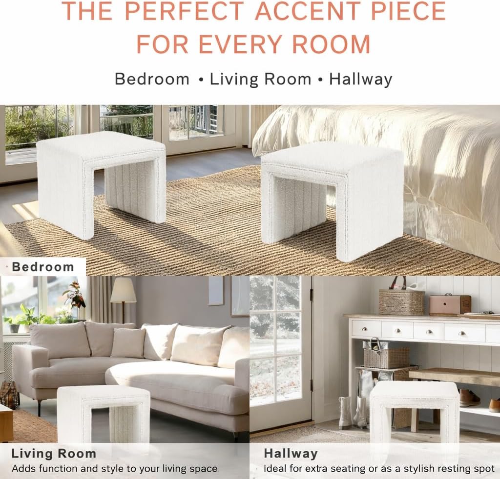 HomePop Modern Channel Tufted Ottoman|Homepop Home Décor|Ottoman for Living Room & Bedroom - Cream Boucle