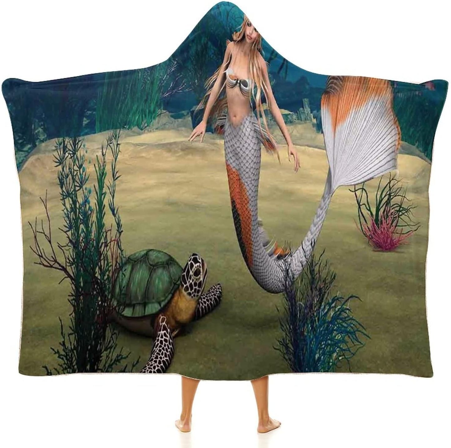 Throw Blankets, Ocean Women Men Hooded Blanket, Digital Render of Cute Girl Turtle Fantasy, Soft Warm Cozy, 40 x 50inches, Studying Reading Snuggling Napping Office, Multicolor