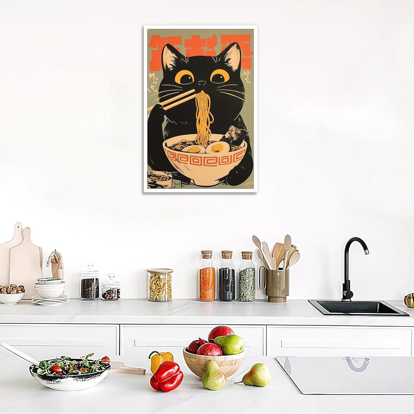 noskisy Vintage Black Cat Eat Tasty Noodle Posters Japanese Cute Cats Canvas Wall Art Period Ramen Cat Lovers Prints Painting For Kitchen Home Bedroom Dorm Wall Decor 8x12in Unframed