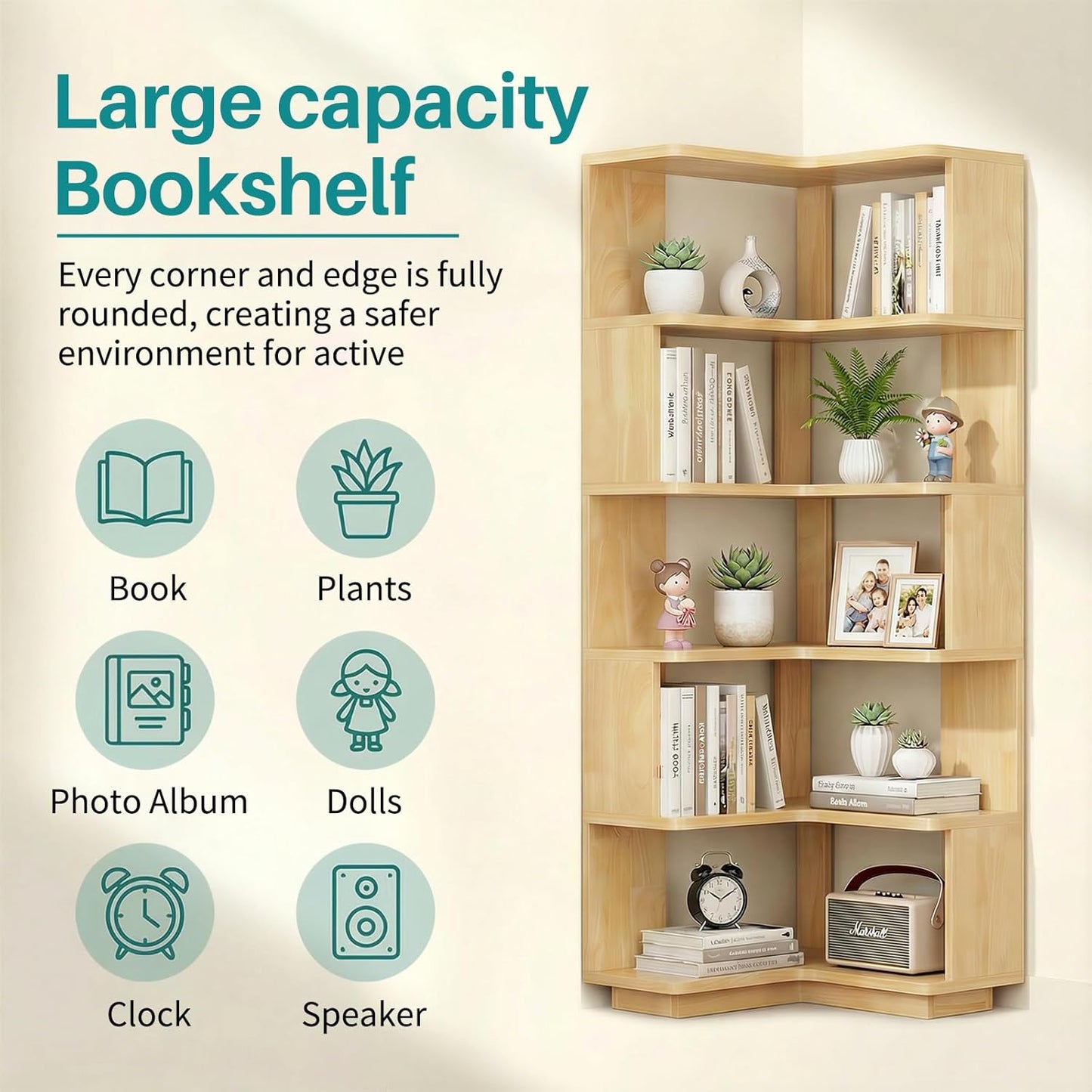 Wooden 5 Tier Corner Bookshelf - 65" Tall L-Shaped Corner Book Shelves for Space Saving, Solid Wood Bookcase Open Display Shelf with Baffle for Home Office, Living Room, Bedroom, Kitchen, Natural