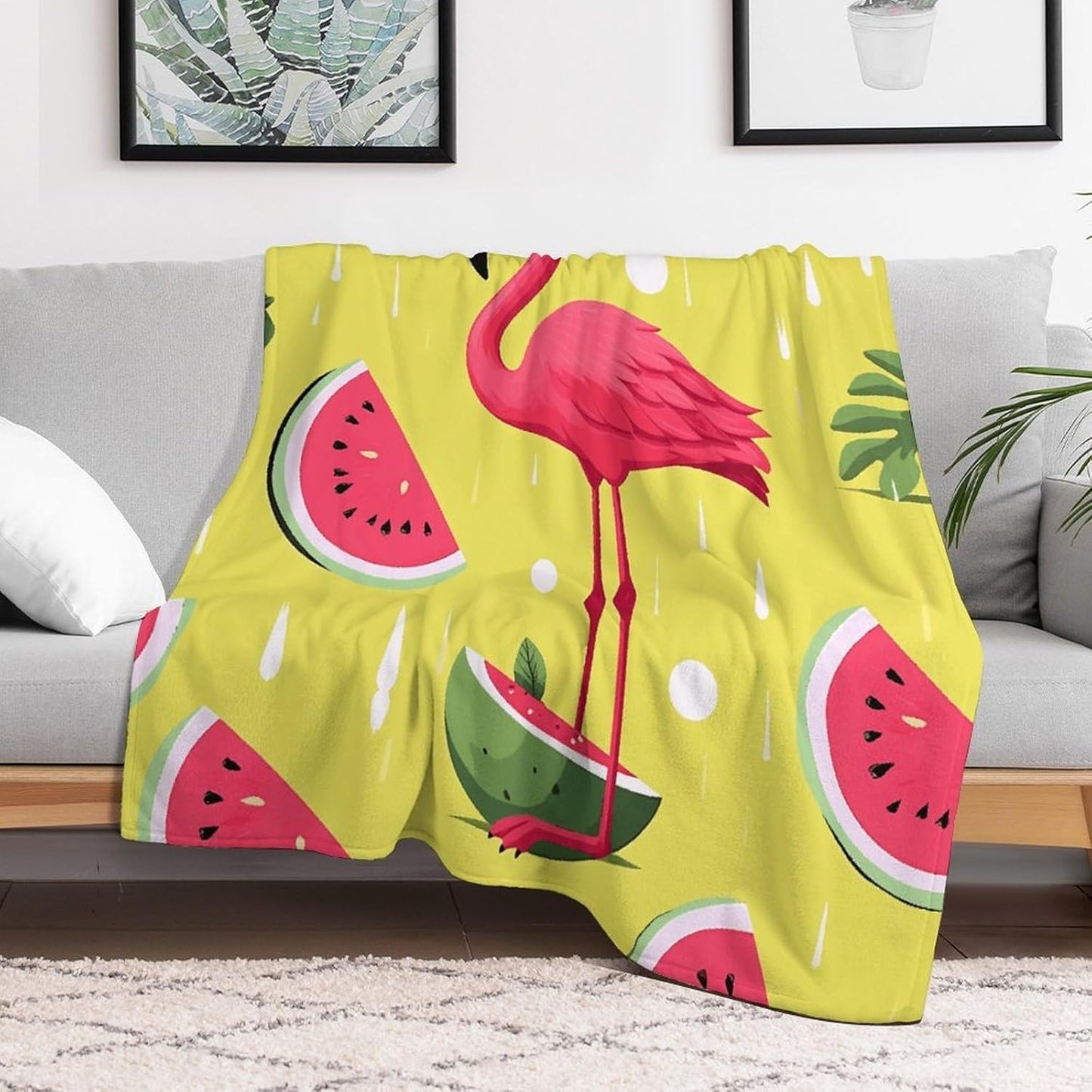 Pink Flamingo And Watermelon Blanket Super Soft Lightweight Throw Blanket Cute Cozy Warm Bed Blanket Decorative Fuzzy Blanket All-Season Home Decor Gift for Sofa Couch Living Room 40"*50" （100*130cm）