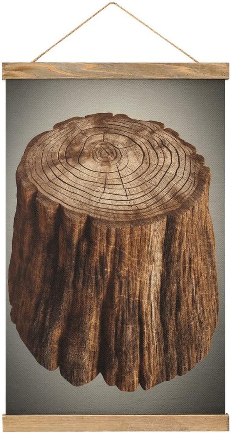 Vintage Stump of Oak Tree Poster with Wooden Frame Personalized Linen Hanging Scroll Painting Rustic Wall Hanging Illustrative Modern Artwork Decor for Home Living Room Bedroom Office