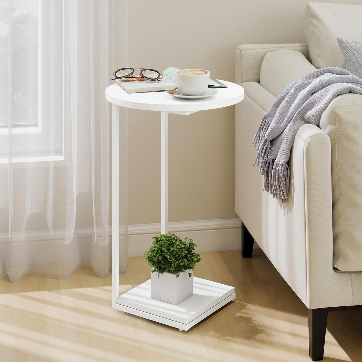 HDANI C Table End Table,Couch Table That Slide Under,Sofa Side Table in Living Room,White