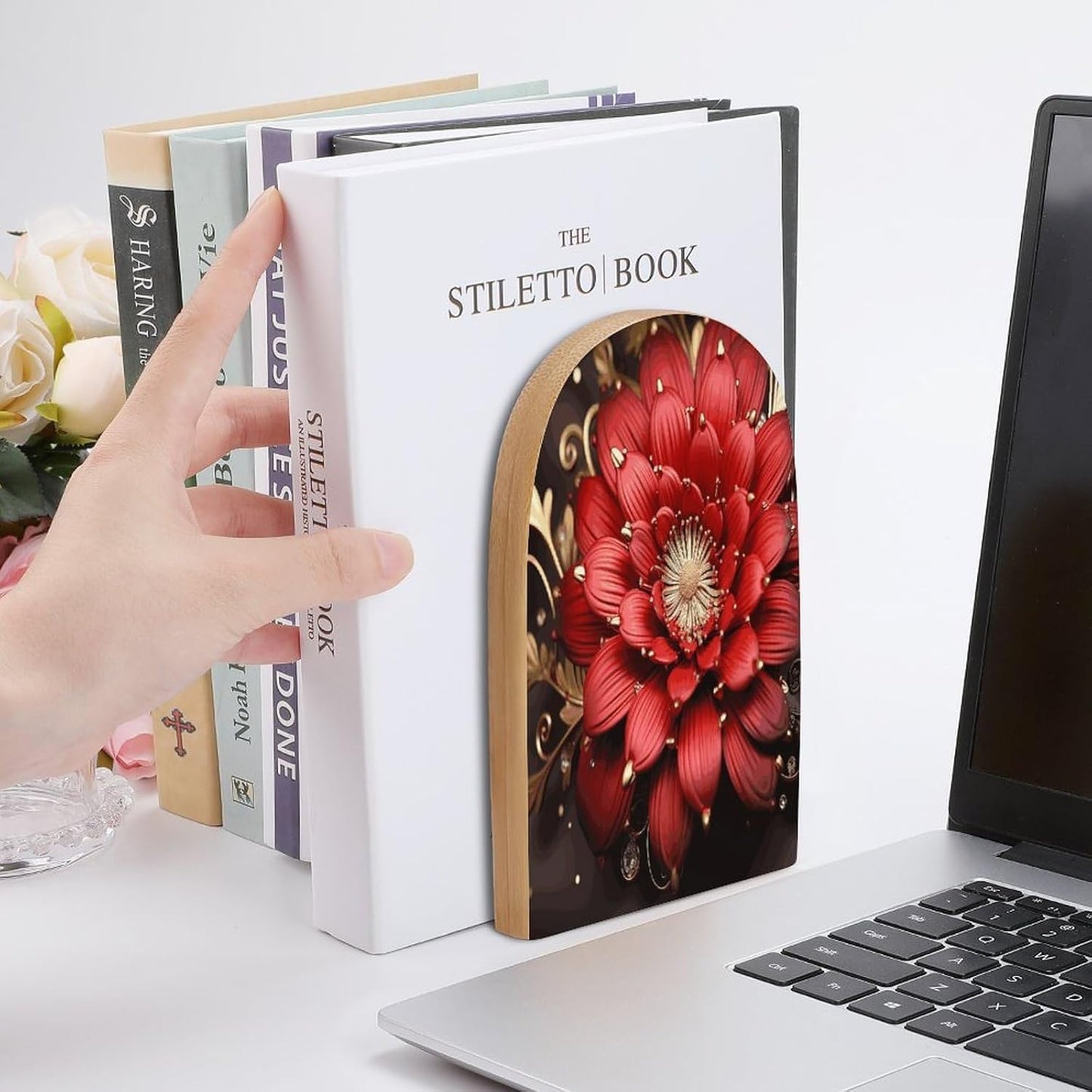 Red Gold Flower Bookend for Shelves Wooden Book End Large Size Sturdy Book Holders Stoppers with Metal Base for Bookshelves Slick Decorative Bookends Stands