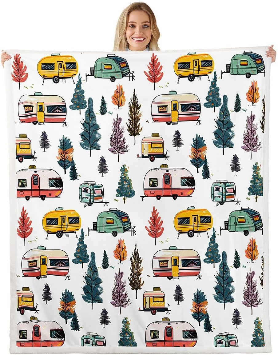 Feelyou Camping Sherpa Throw Blanket for Couch Happy Camping Super Soft Cozy Fleece RV Camper Blanket for Winter, Plush Throw 40"x50" All Season