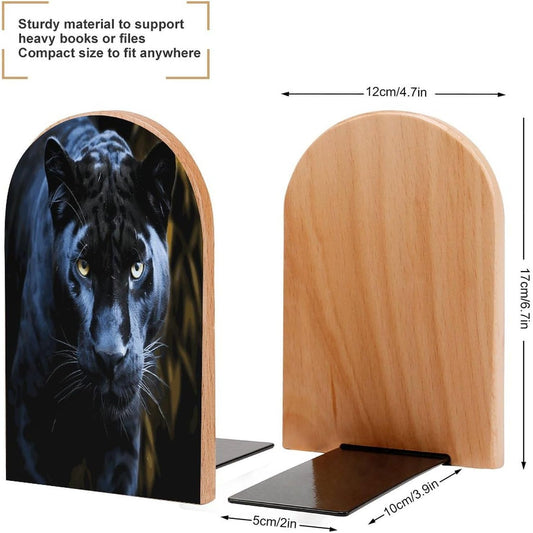 Panther with Blue Eyes Bookend for Shelves Wooden Book End Large Size Sturdy Book Holders Stoppers with Metal Base for Bookshelves Slick Decorative Bookends Stands