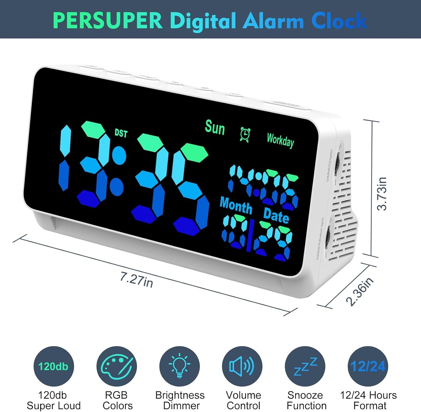 [120db Super Loud] Alarm Clocks for Bedrooms, 15 Wake Up Sounds, 7 Color Night Light, Dynamic RGB Color Changing, 0-100% Dimmer, Snooze, Large LED Display, Digital Clock for Heavy Sleepers Adults