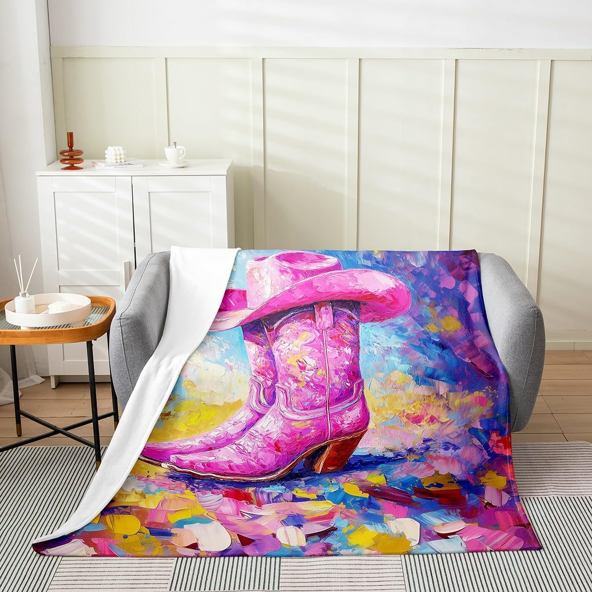 Cowgirl Boot Flannel Blanket,Western Cowgirl Rustic Farmhouse Bed Blanket for Girls Women,Geometric Graffiti Tie-dye Hip-hop Fleece Blanket,Country Retro Fuzzy Blanket,Throw Size (50 x 60 Inches)