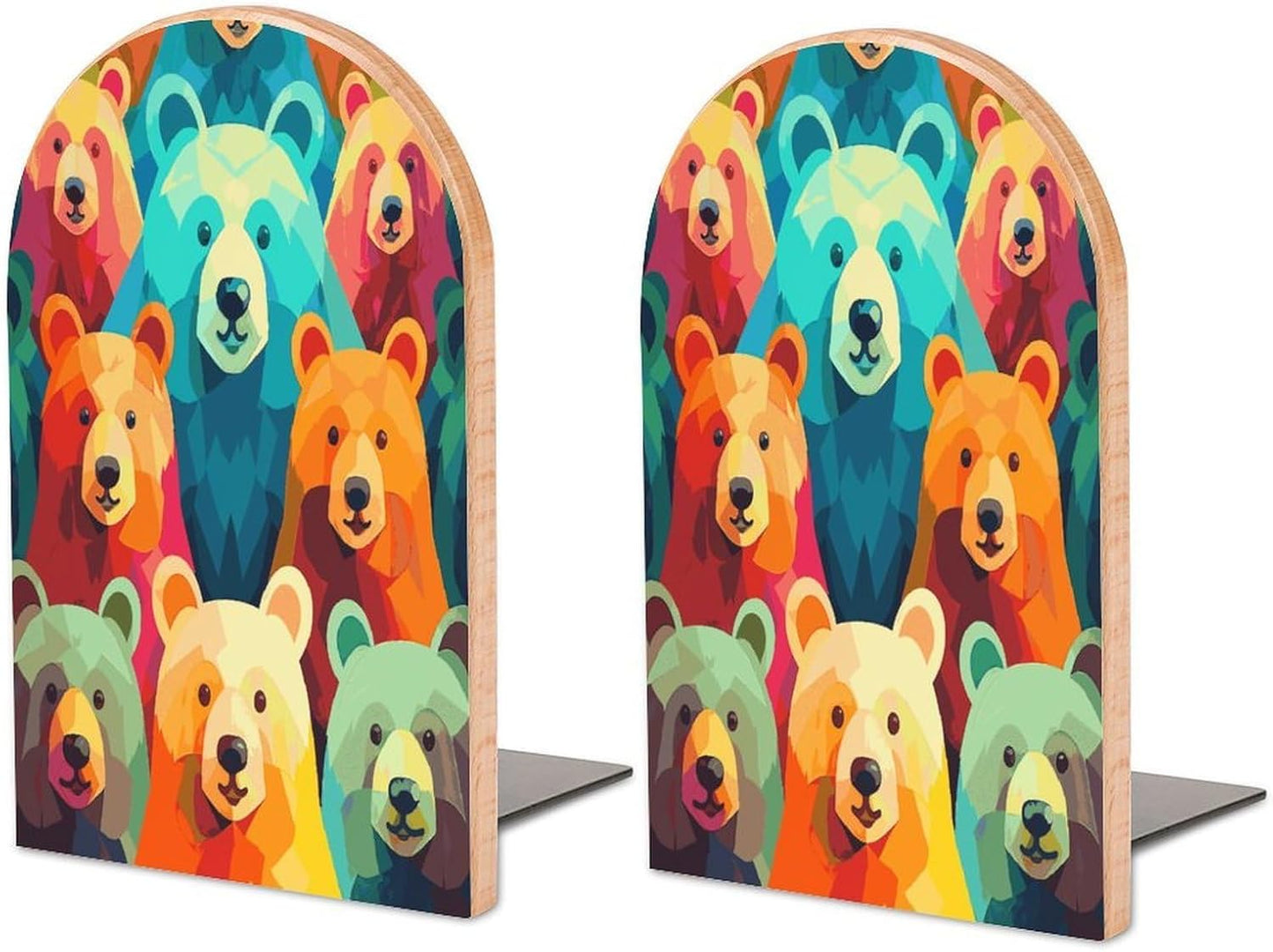 Non-Slip Bookend for Shelves Colorful Bears Wooden Bookends with Metal Base Decorative Book Stopper for Home Heavy Duty Wood Book Storage for Books/CDs