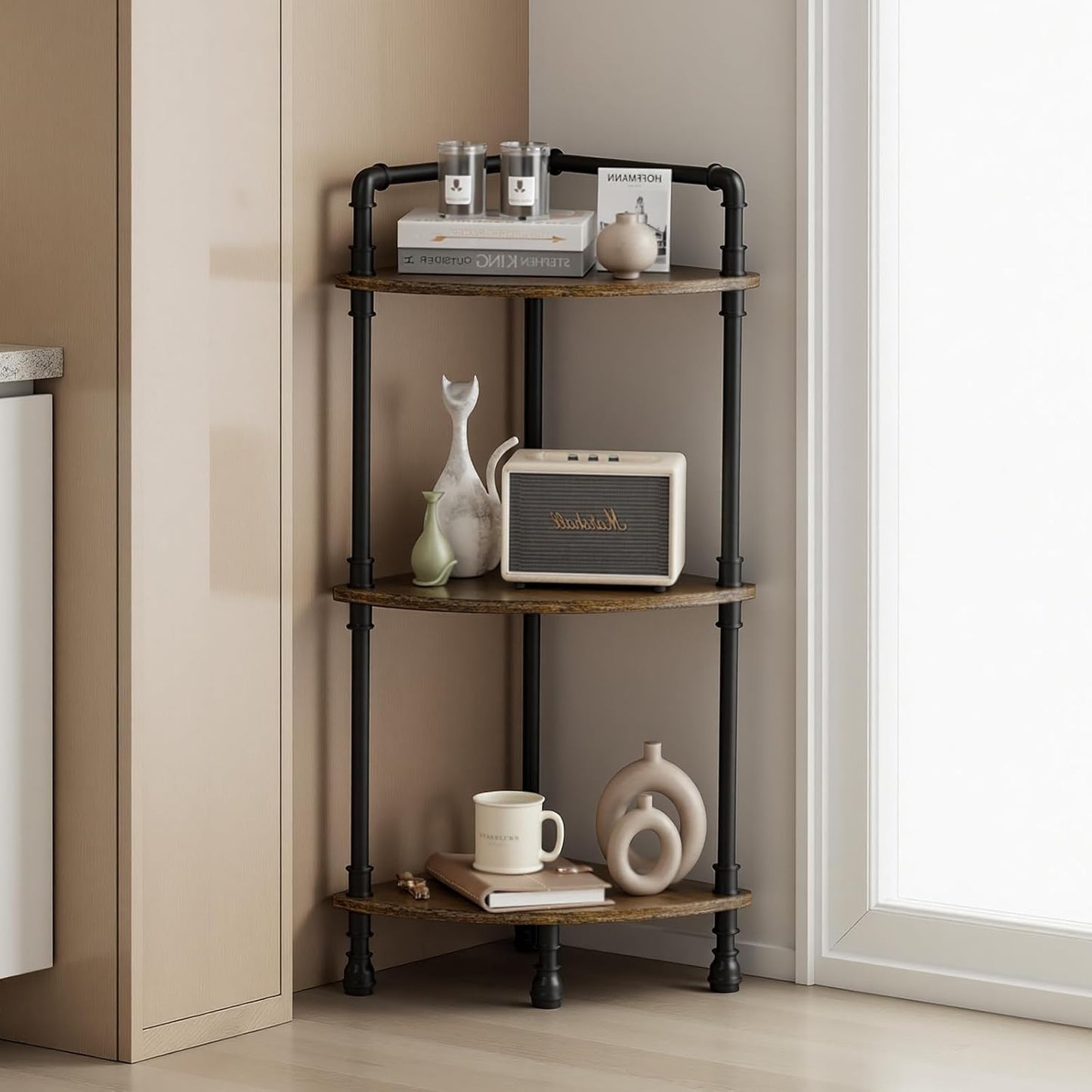 Aduanbang Fun Memories 3-Tier Corner Shelf Stand, Grey Storage Bookshelf for Bathroom, Living Room, Kitchen, Home Office (Brown(3 Tier))
