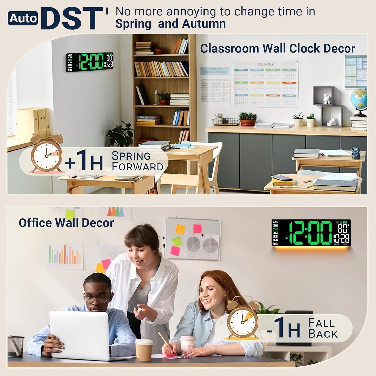 16.5" Large Digital Wall Clock with Remote Control, Auto-Dimming LED Display with Date Temp, Big Number Wall Mount Decor Clock for Seniors, Classroom, Dorm, Home, Office, Gym Green