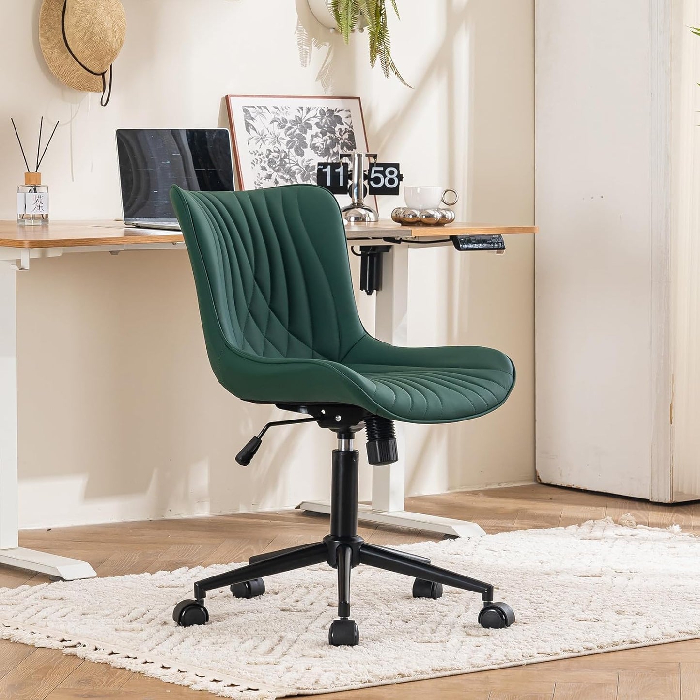 YOUTASTE Dark Green Armless Office Chair, Modern Adjustable Swivel Desk Chair with Wheels, Upholstered PU Leather, Black Metal Legs, Back Support for Home Office, Study, Vanity, Bedroom