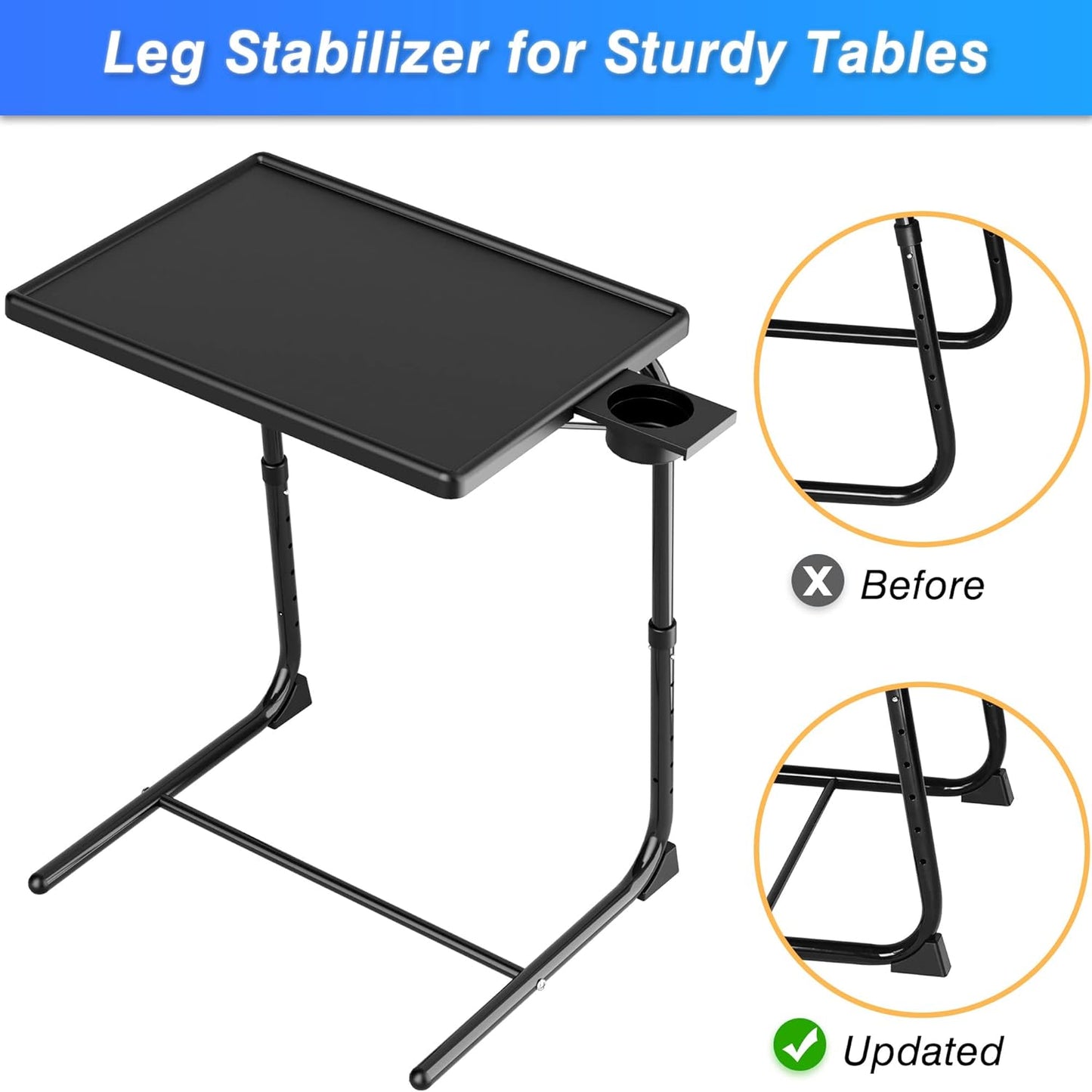 Allpop TV Tray Table, TV Dinner Tray for Eating Set of 2, Adjustable Folding Laptop Table with 6 Heights & 3 Tilt Angles, Cup Holder on Couch & Bed, Black | for Eating, Adjustable, Folding, 6 Heights, 3 Tilt Angles, Cup Holder
